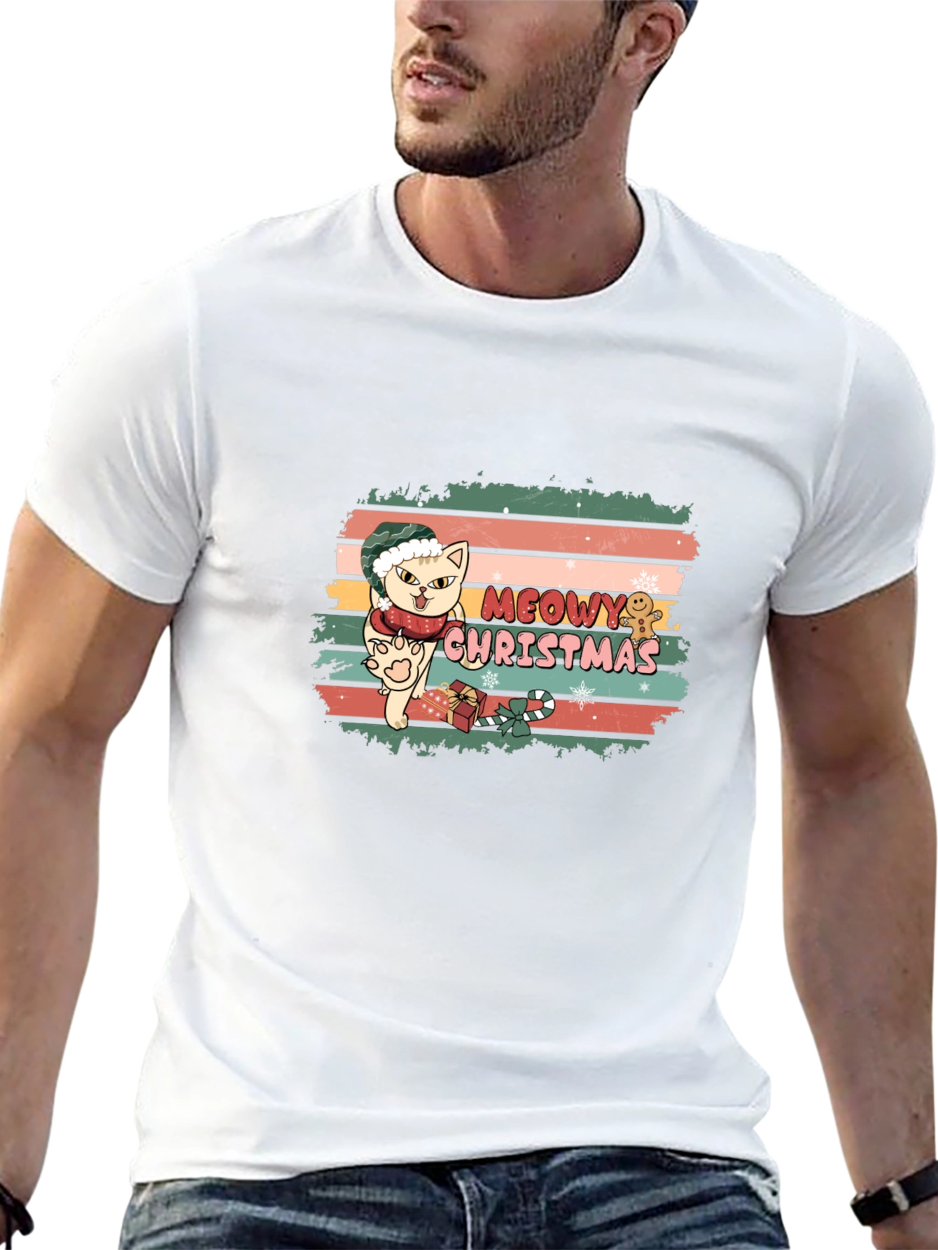 Meowy Christmas Cat T-Shirt - Holiday Festive Tee