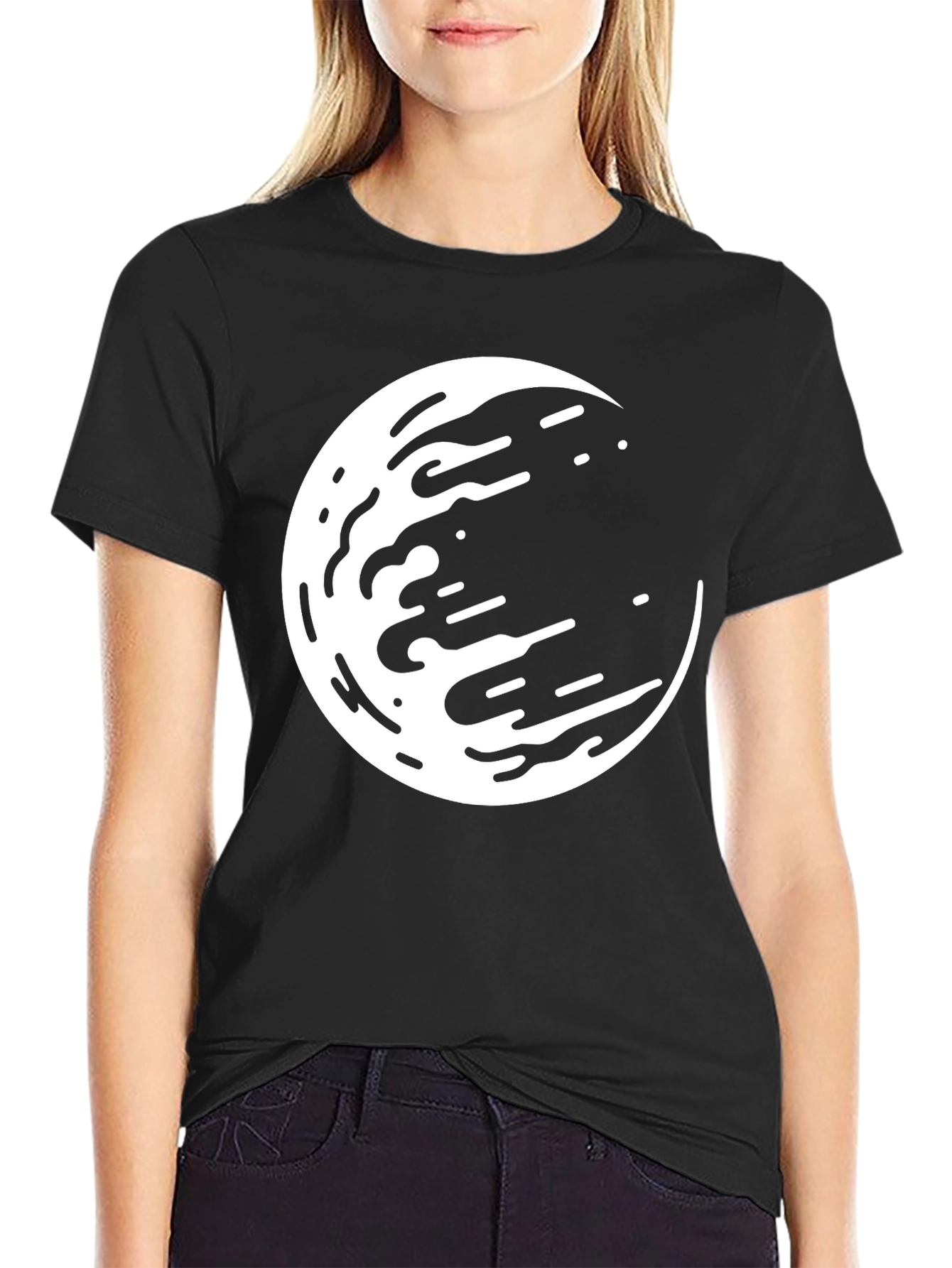 Abstract Moon Graphic Tee - Black Casual Shirt