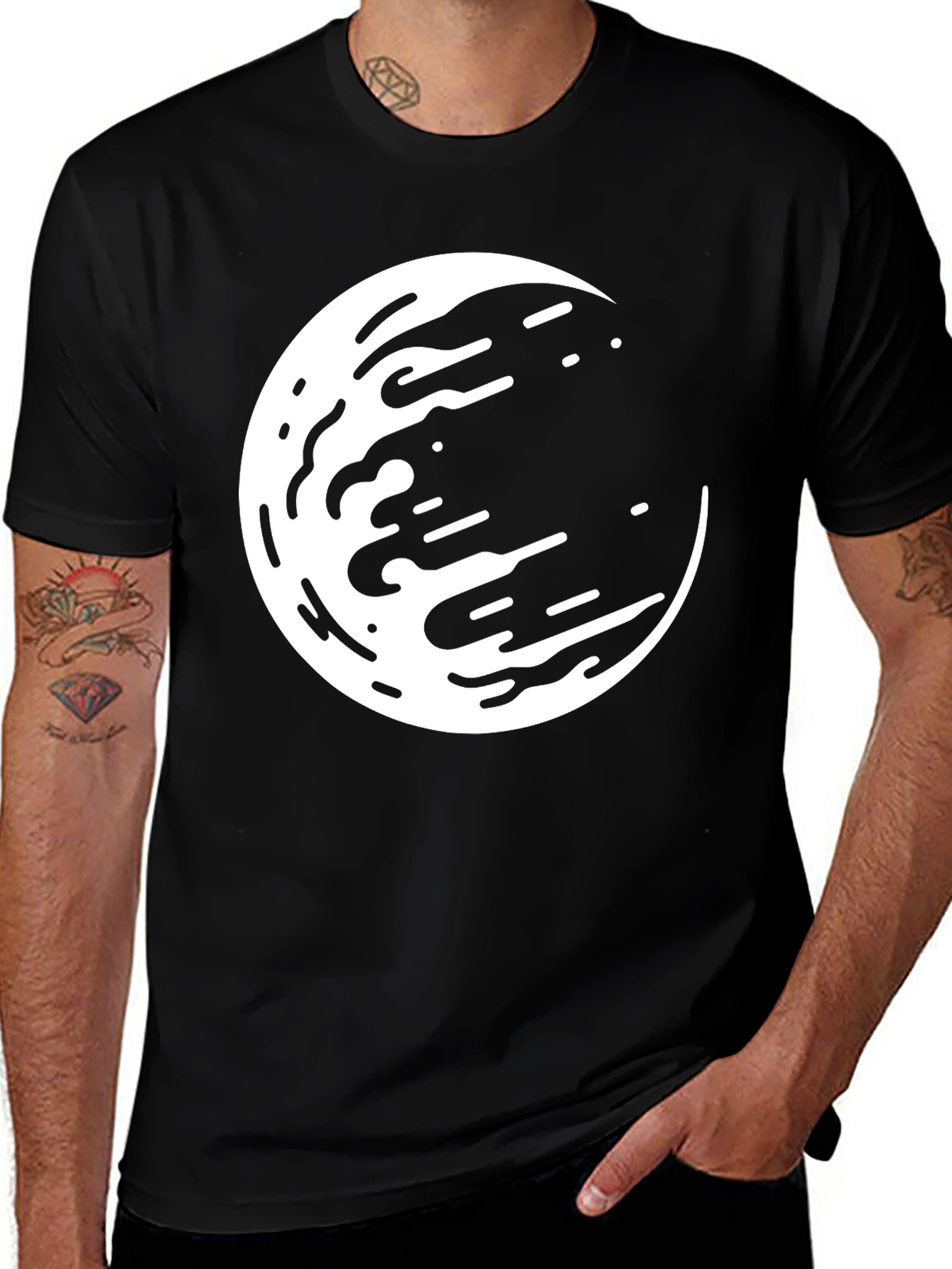Abstract Moon Graphic Tee - Black Casual Shirt