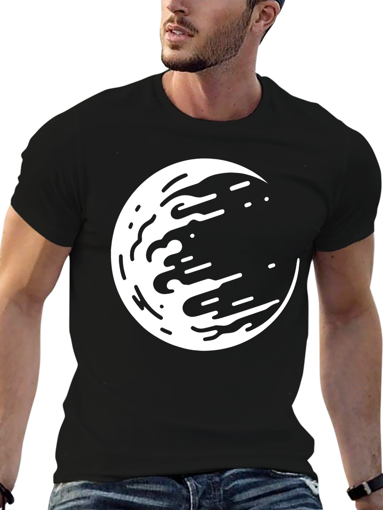 Abstract Moon Graphic Tee - Black Casual Shirt