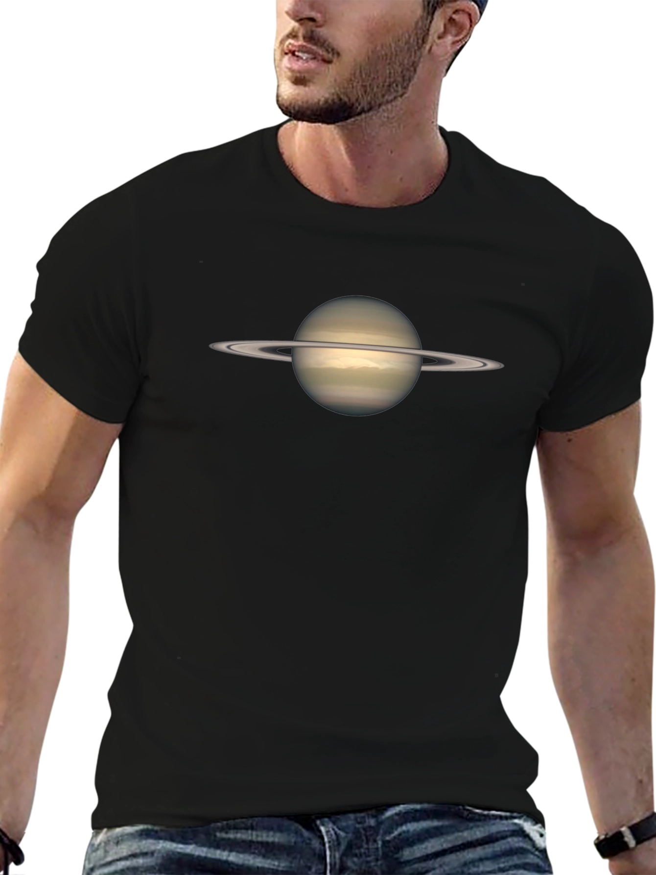 Saturn Planet Graphic Black Cotton T-Shirt