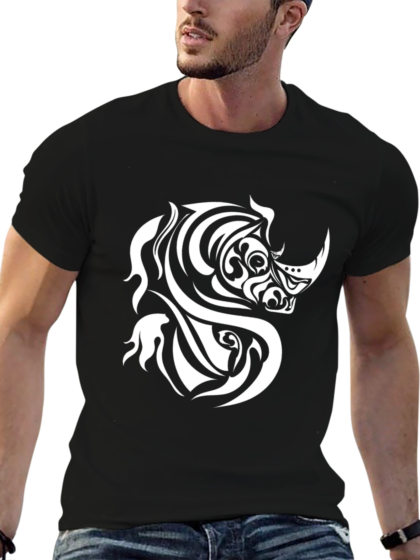 Tribal Rhino Graphic Tee - Black