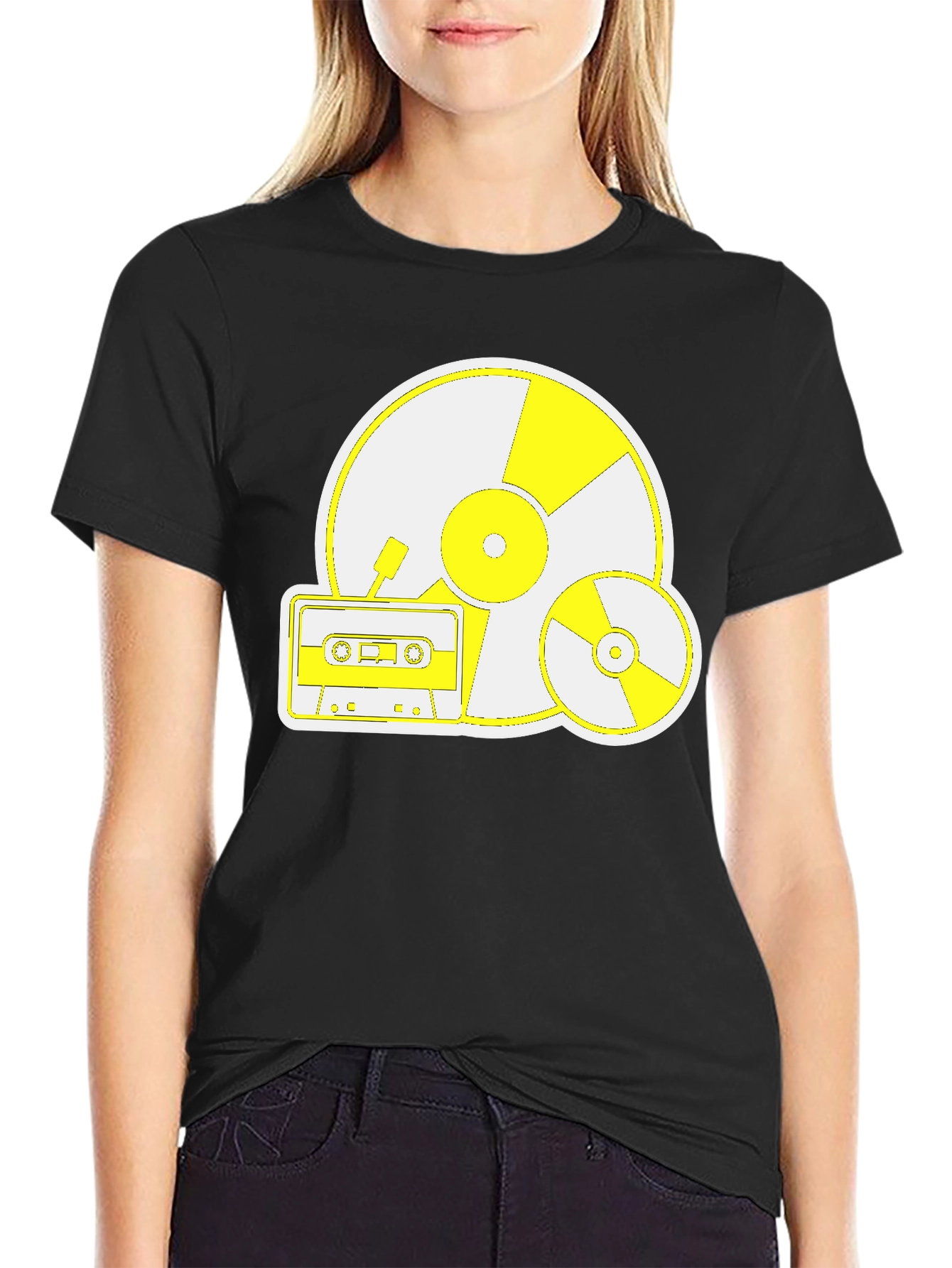 Retro Music Tee: Vinyl CD and Cassette Design