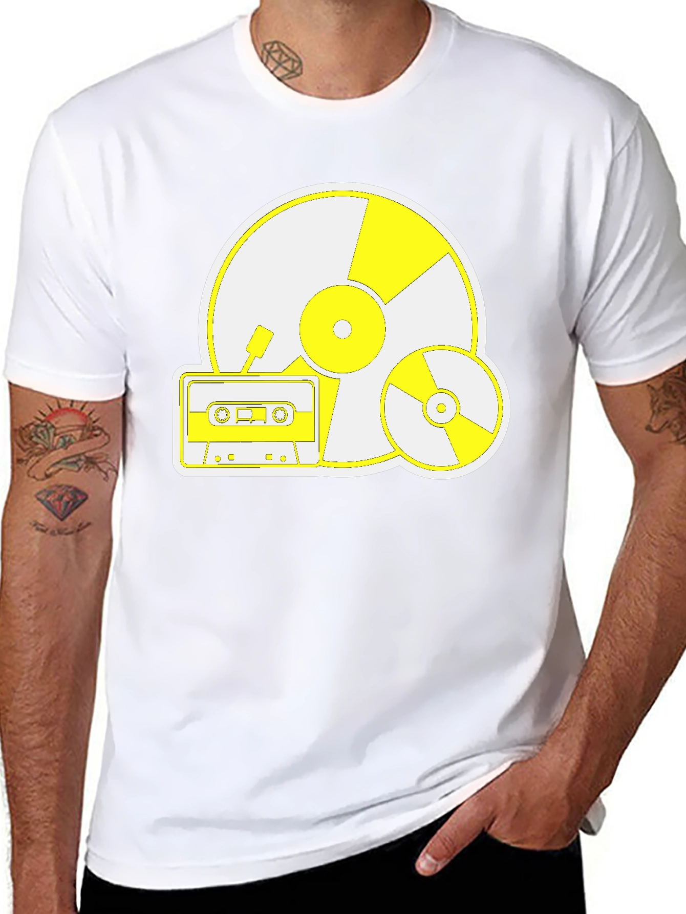 Retro Music Tee: Vinyl CD and Cassette Design
