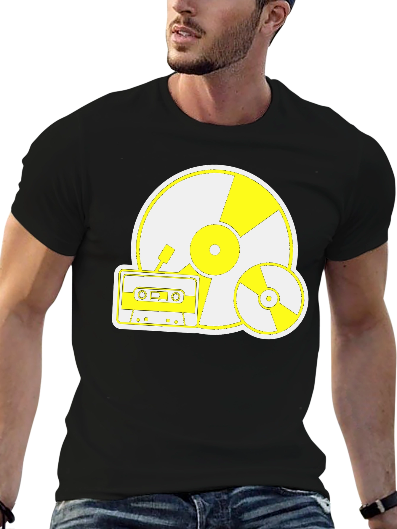 Retro Music Tee: Vinyl CD and Cassette Design