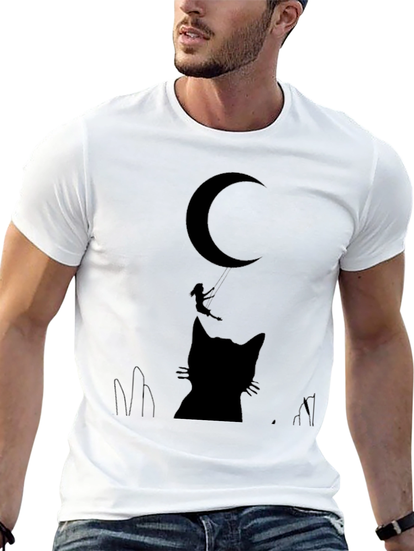 Moon Cat Silhouette T-Shirt - Whimsical Graphic Tee