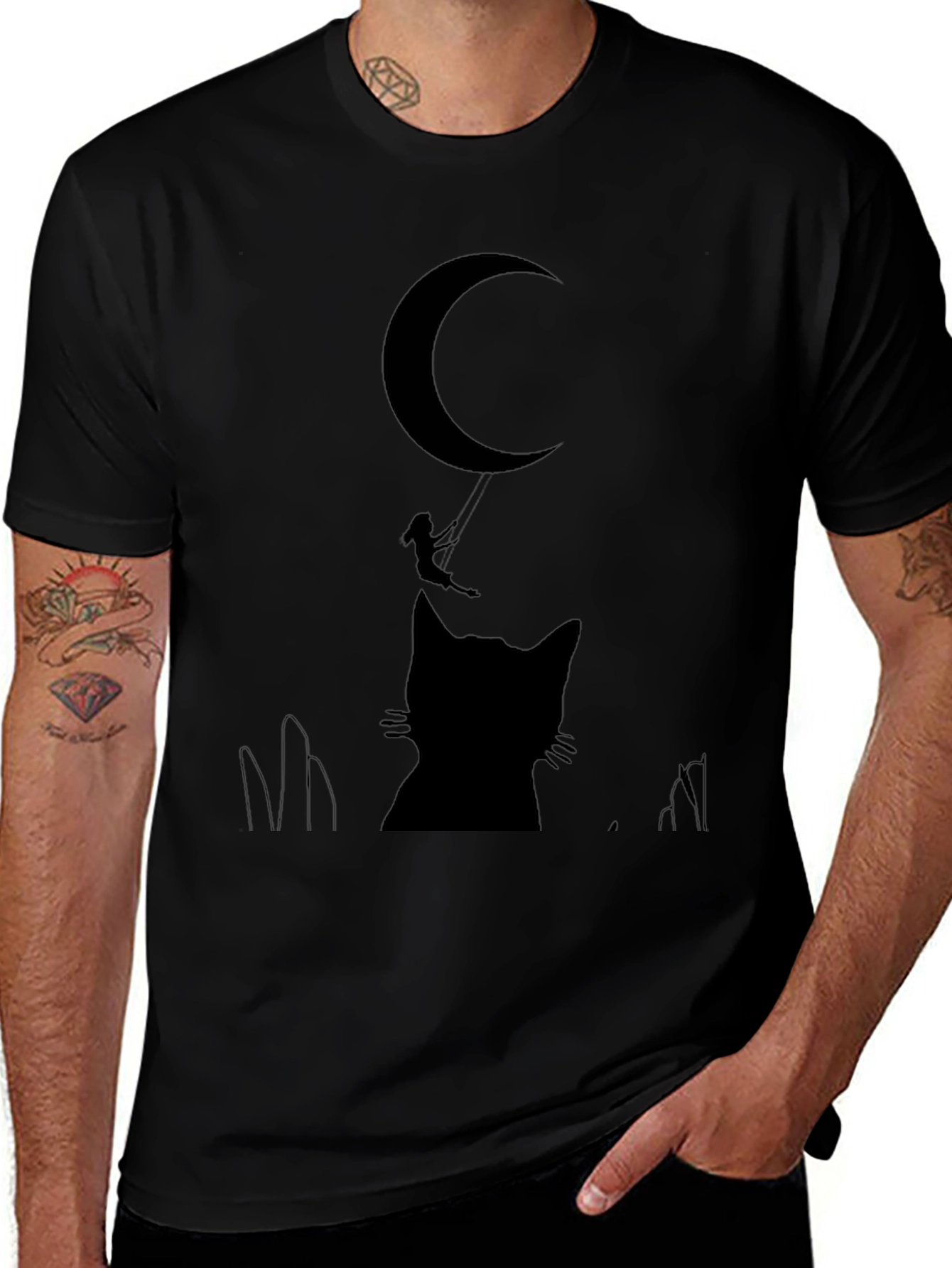 Moon Cat Silhouette T-Shirt - Whimsical Graphic Tee