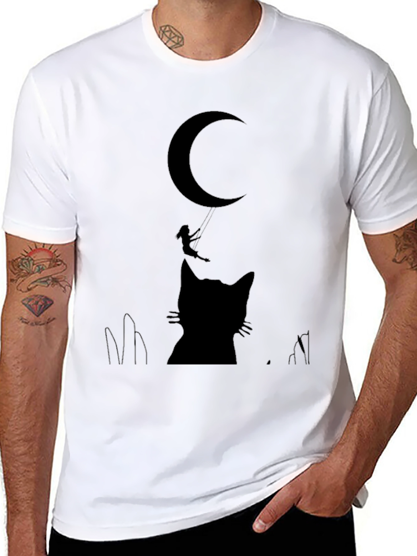 Moon Cat Silhouette T-Shirt - Whimsical Graphic Tee