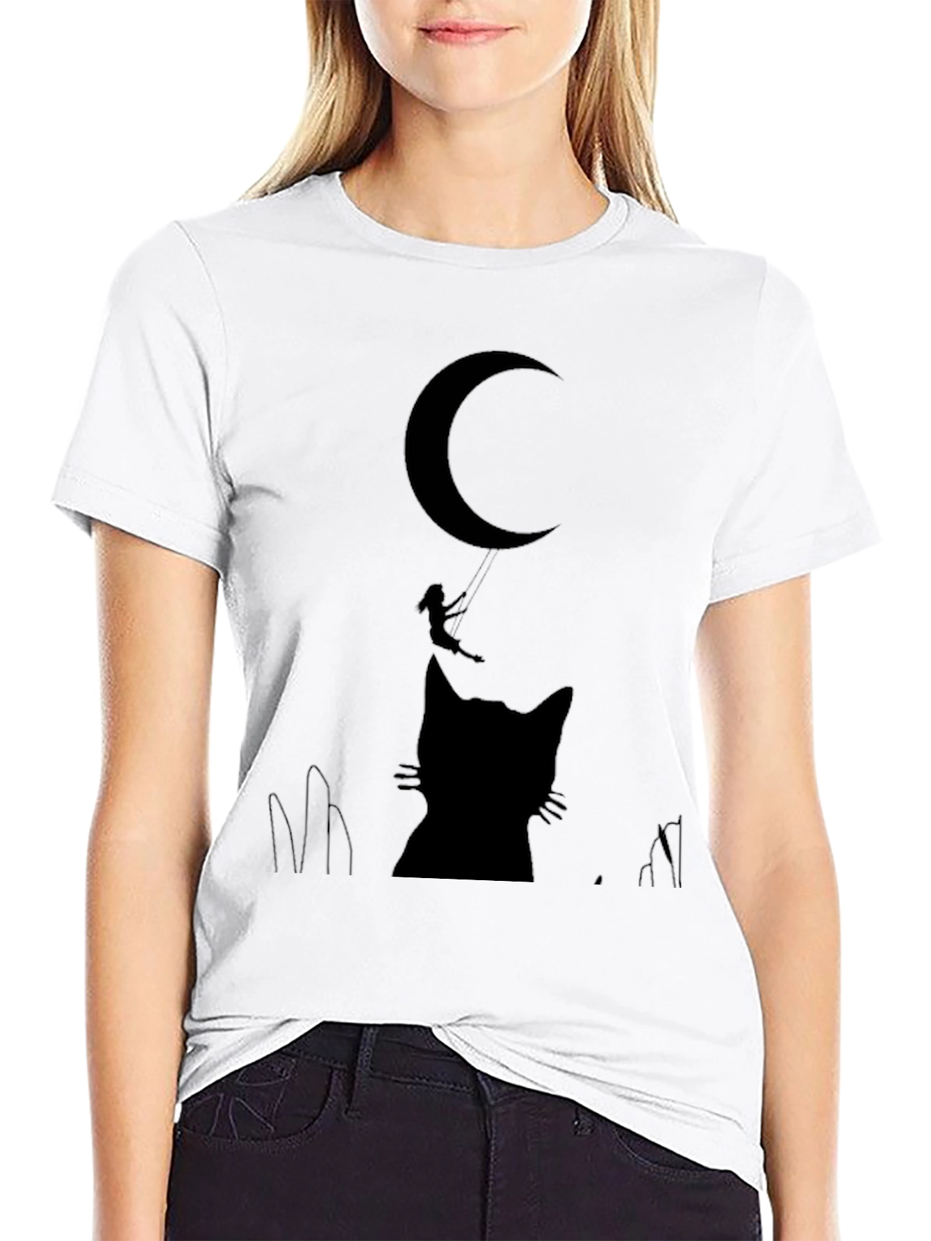 Moon Cat Silhouette T-Shirt - Whimsical Graphic Tee