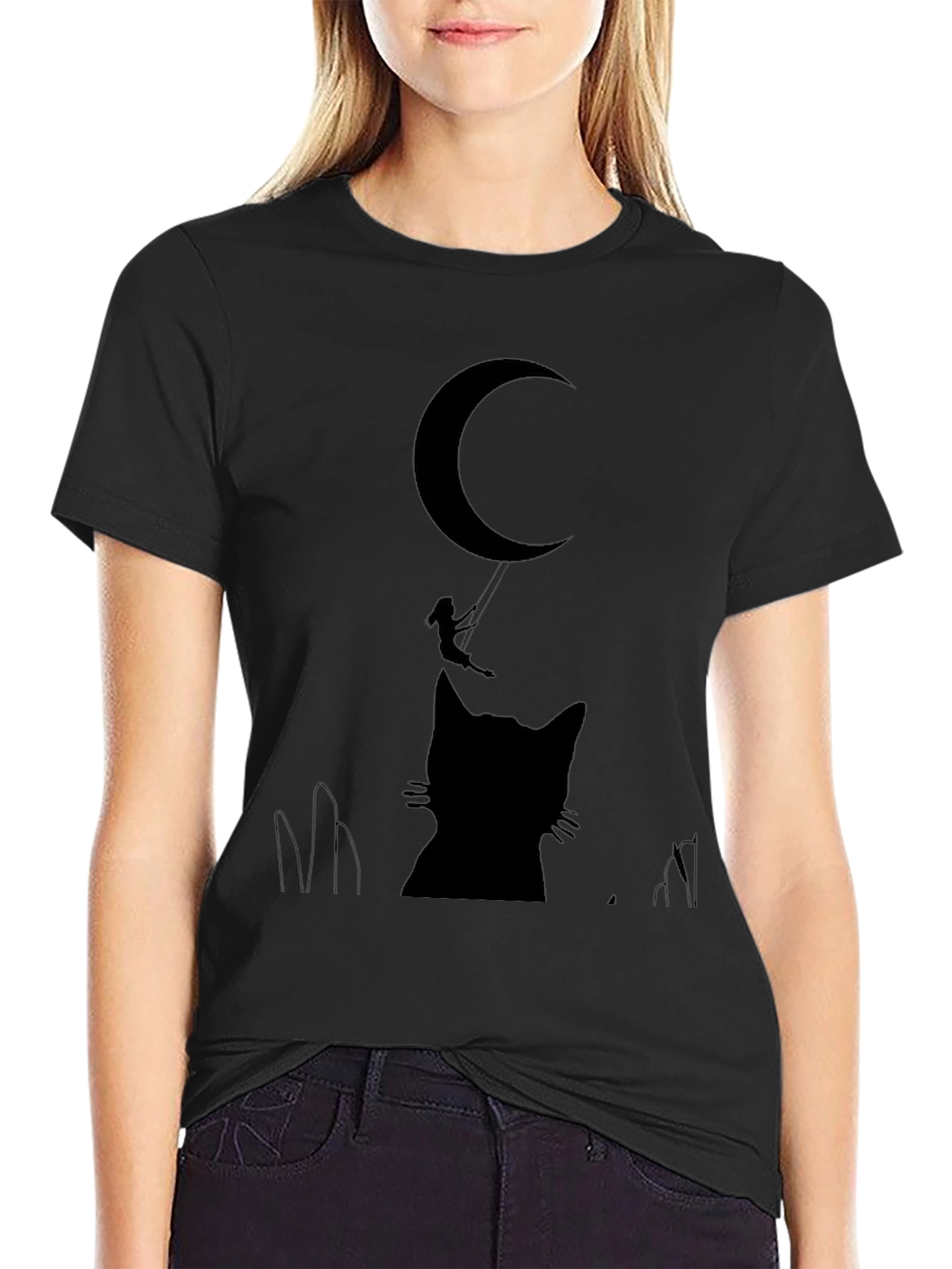 Moon Cat Silhouette T-Shirt - Whimsical Graphic Tee