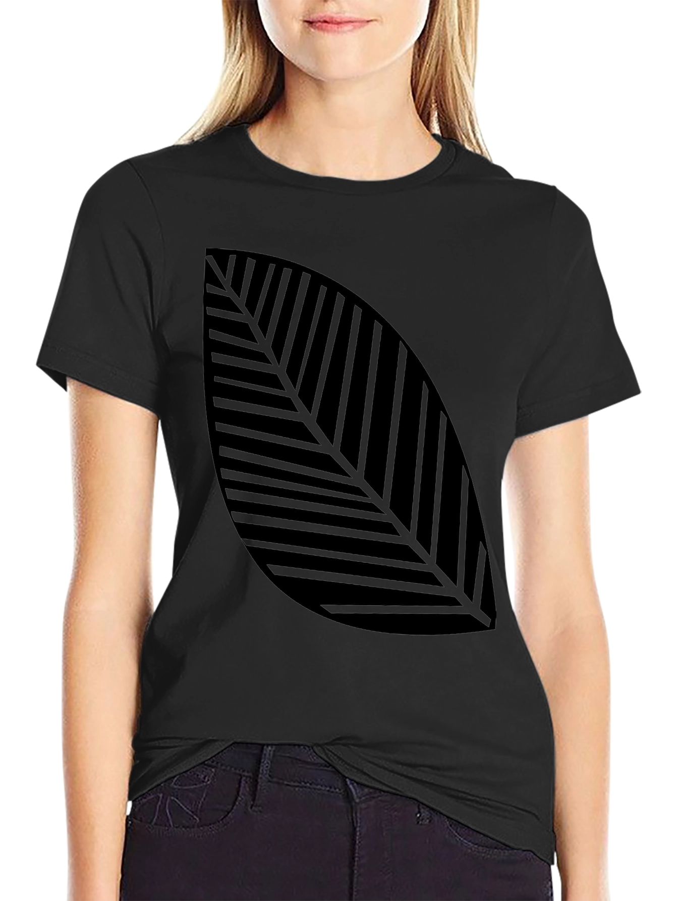 Modern Leaf Print Black T-Shirt