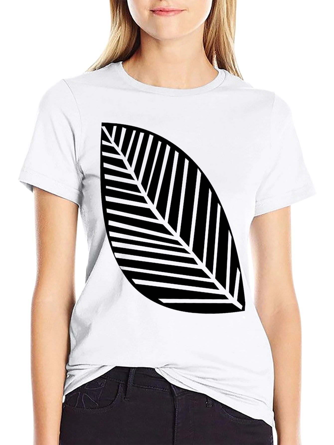 Modern Leaf Print Black T-Shirt
