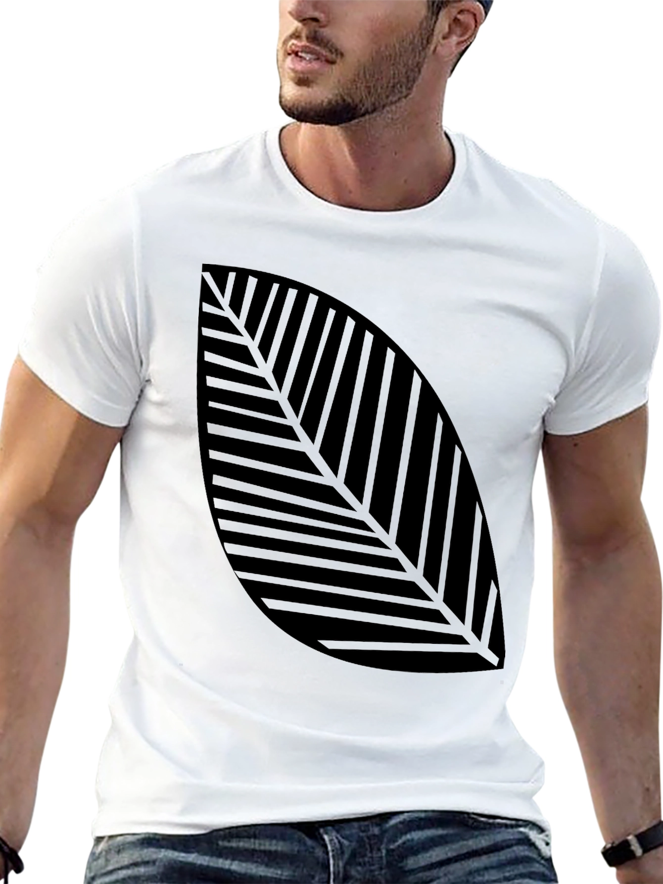 Modern Leaf Print Black T-Shirt