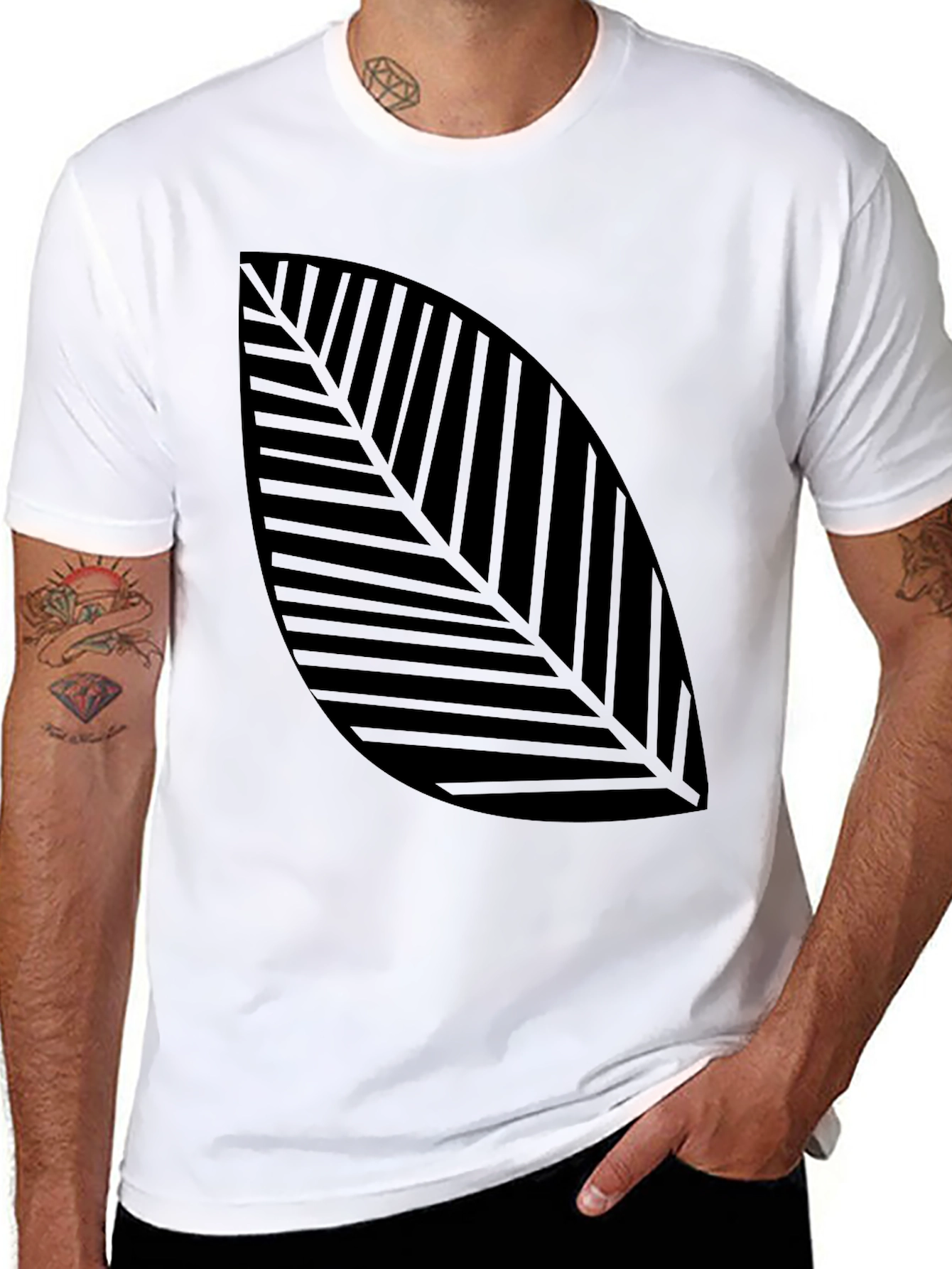 Modern Leaf Print Black T-Shirt