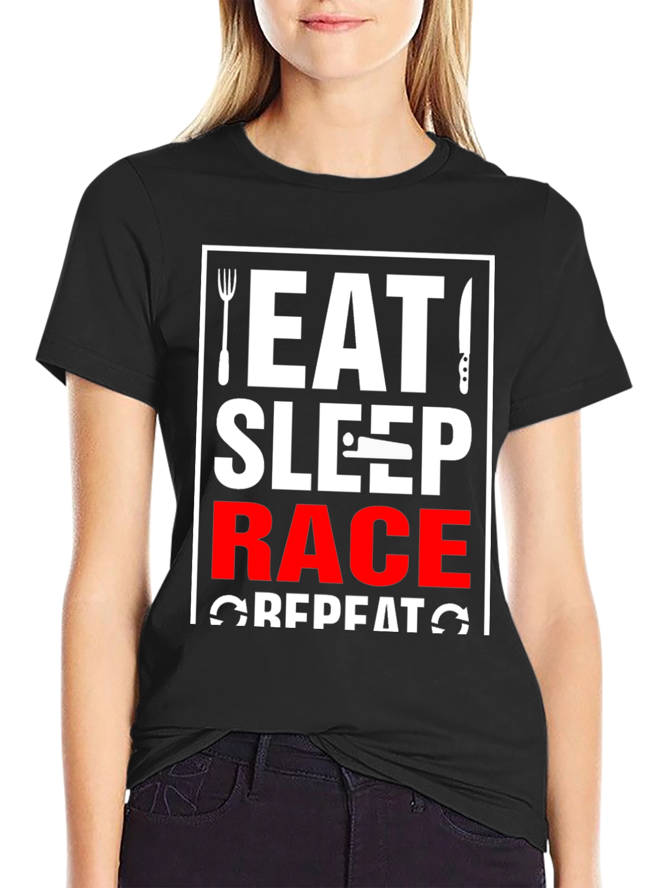 Eat Sleep Race Repeat Black Graphic T-Shirt