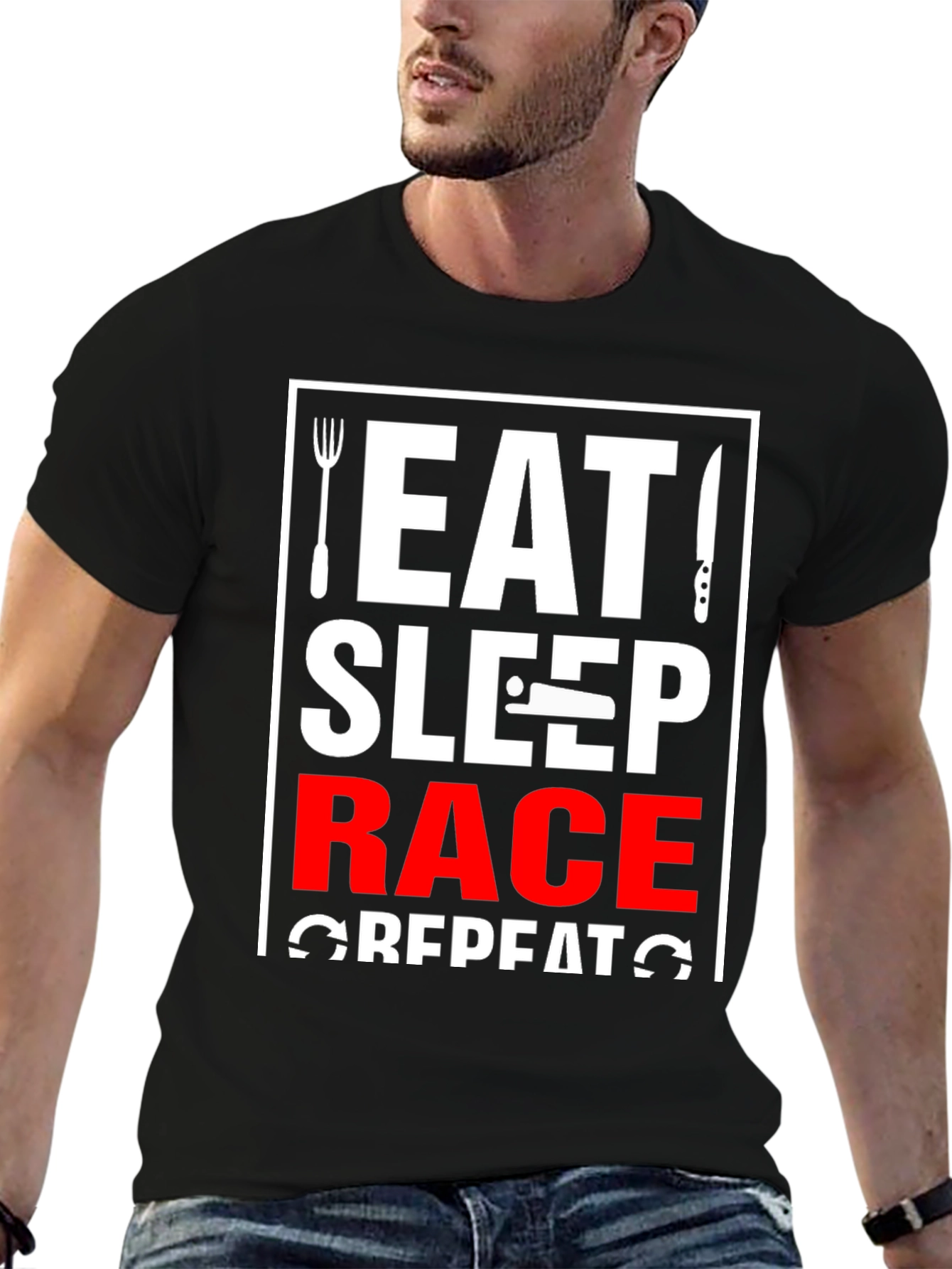 Eat Sleep Race Repeat Black Graphic T-Shirt