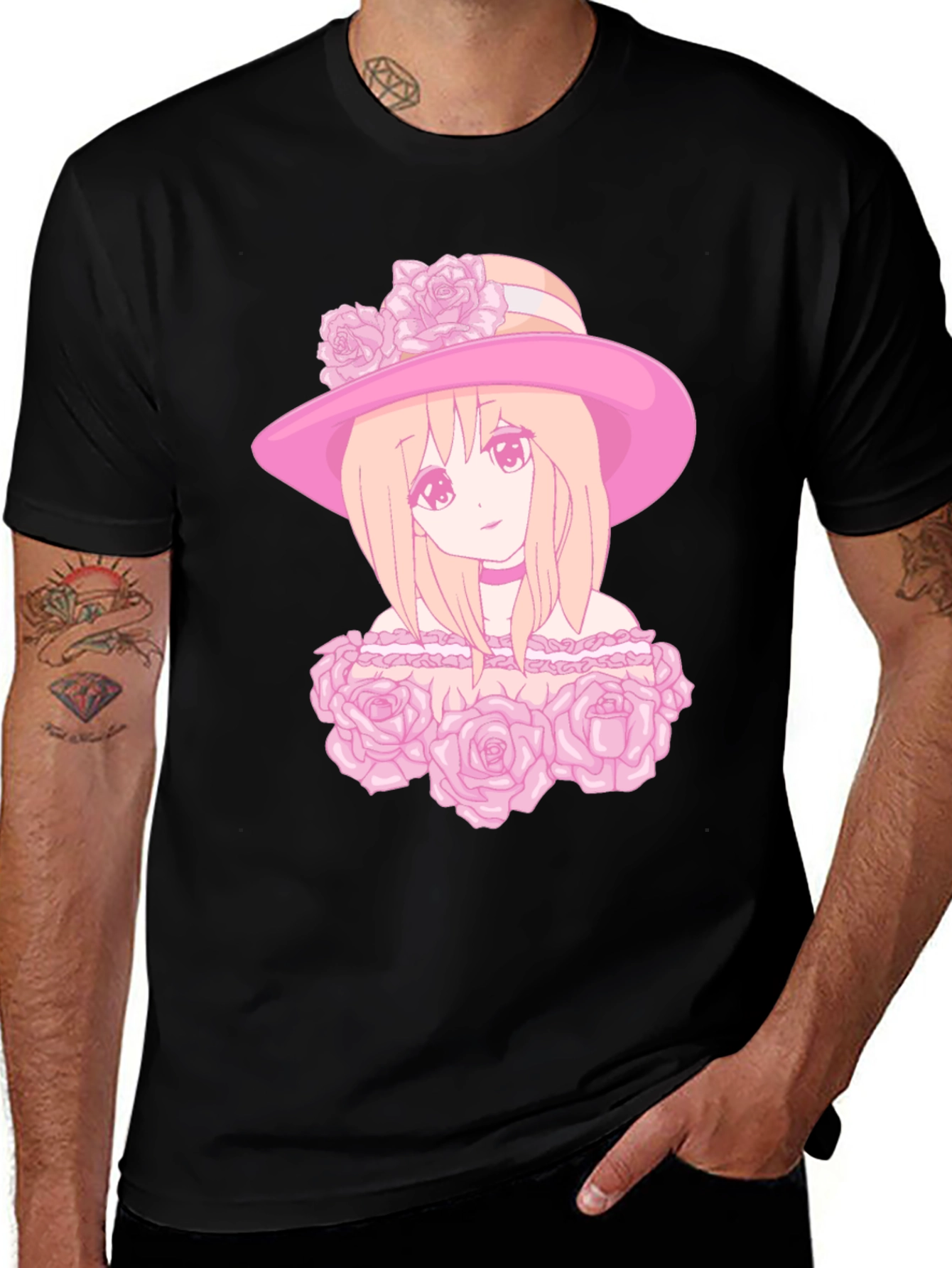 Anime Girl Rose Hat Graphic Tee