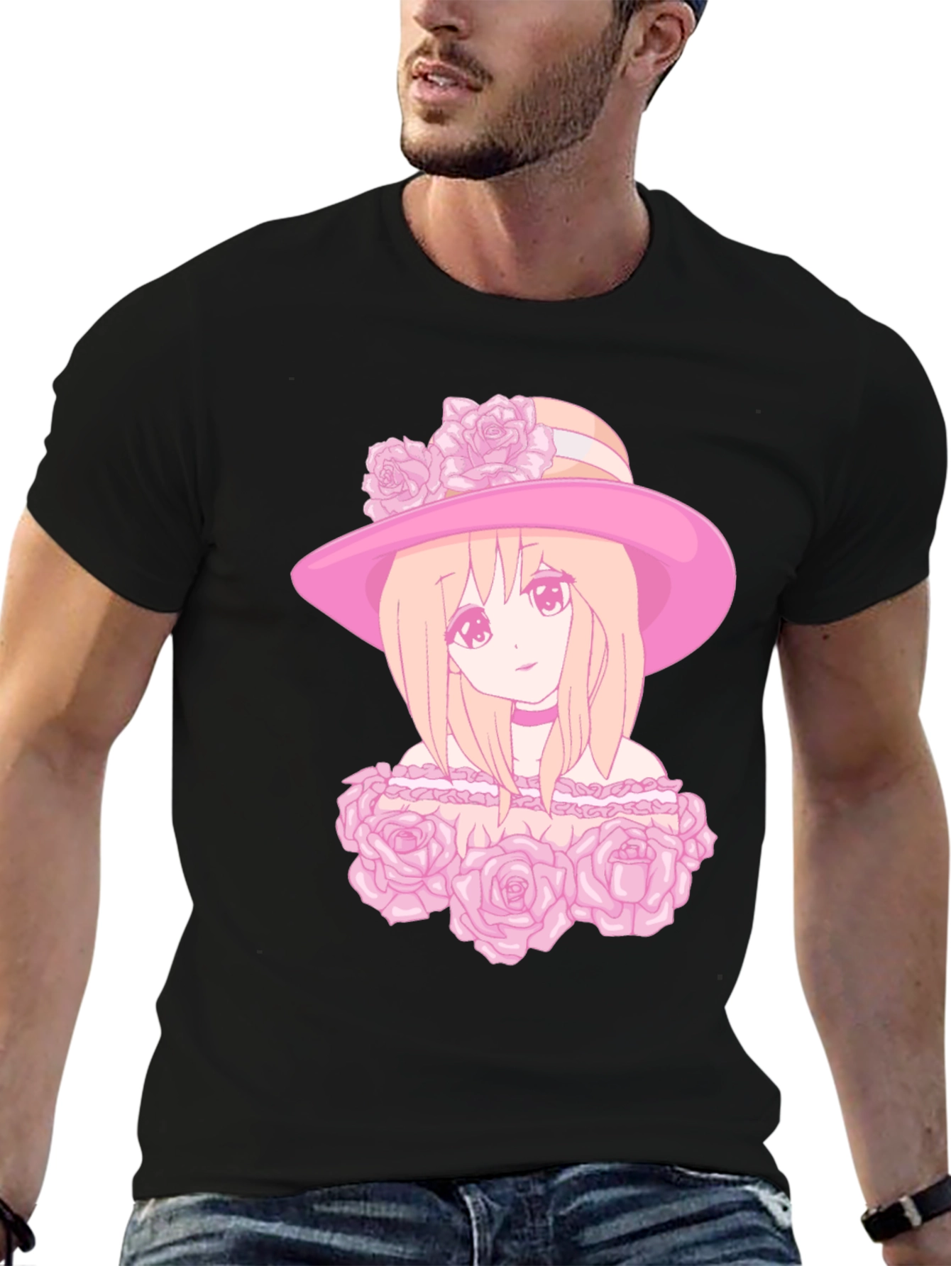 Anime Girl Rose Hat Graphic Tee