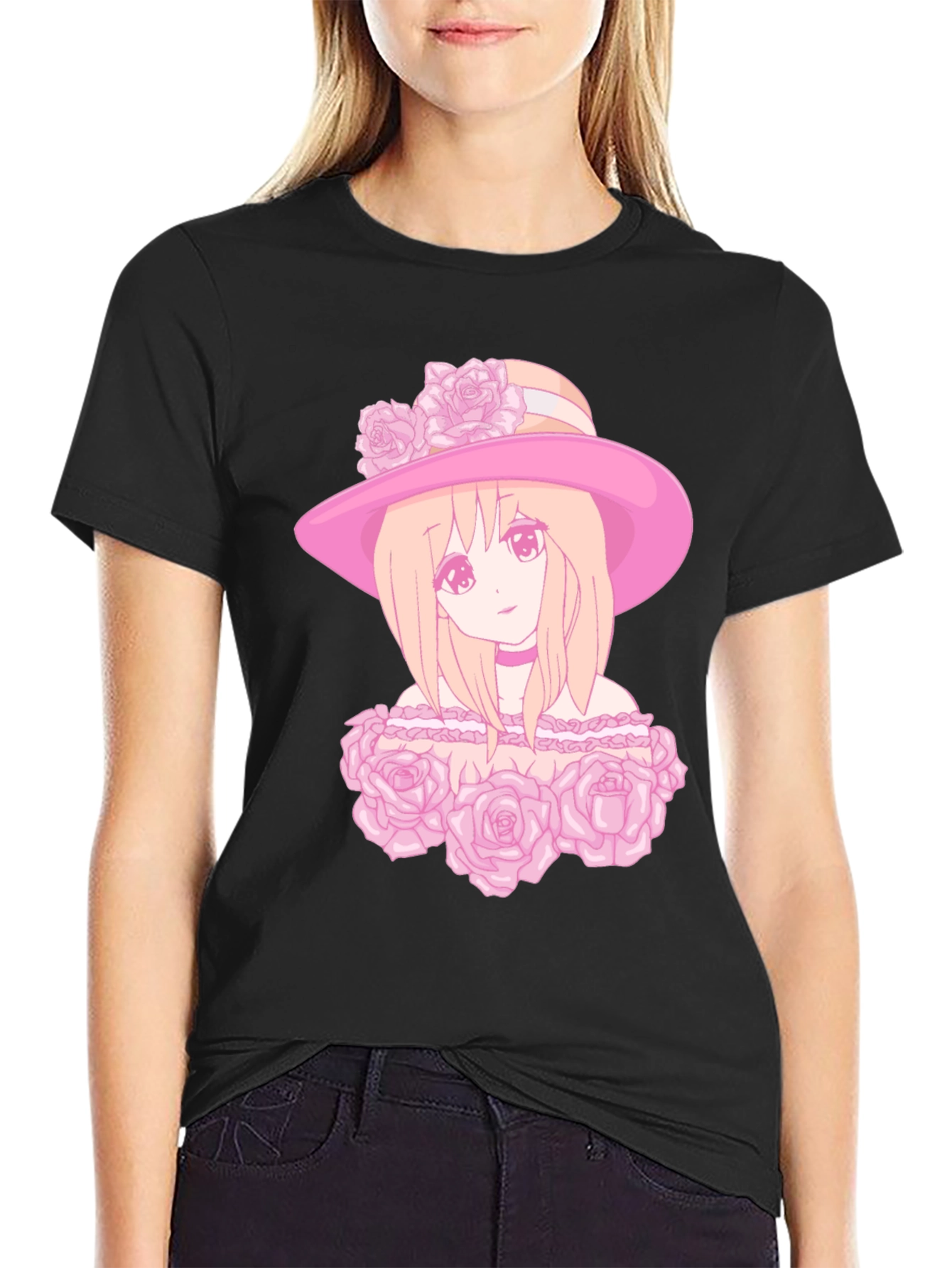 Anime Girl Rose Hat Graphic Tee