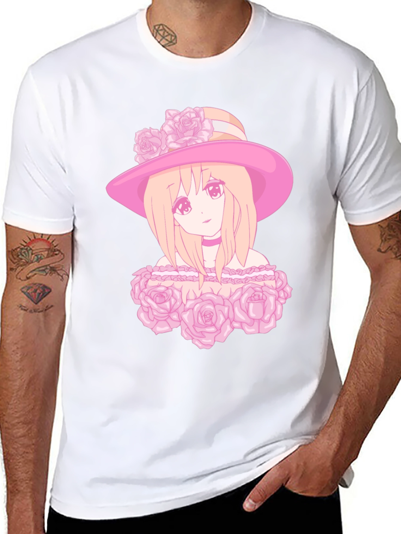 Anime Girl Rose Hat Graphic Tee