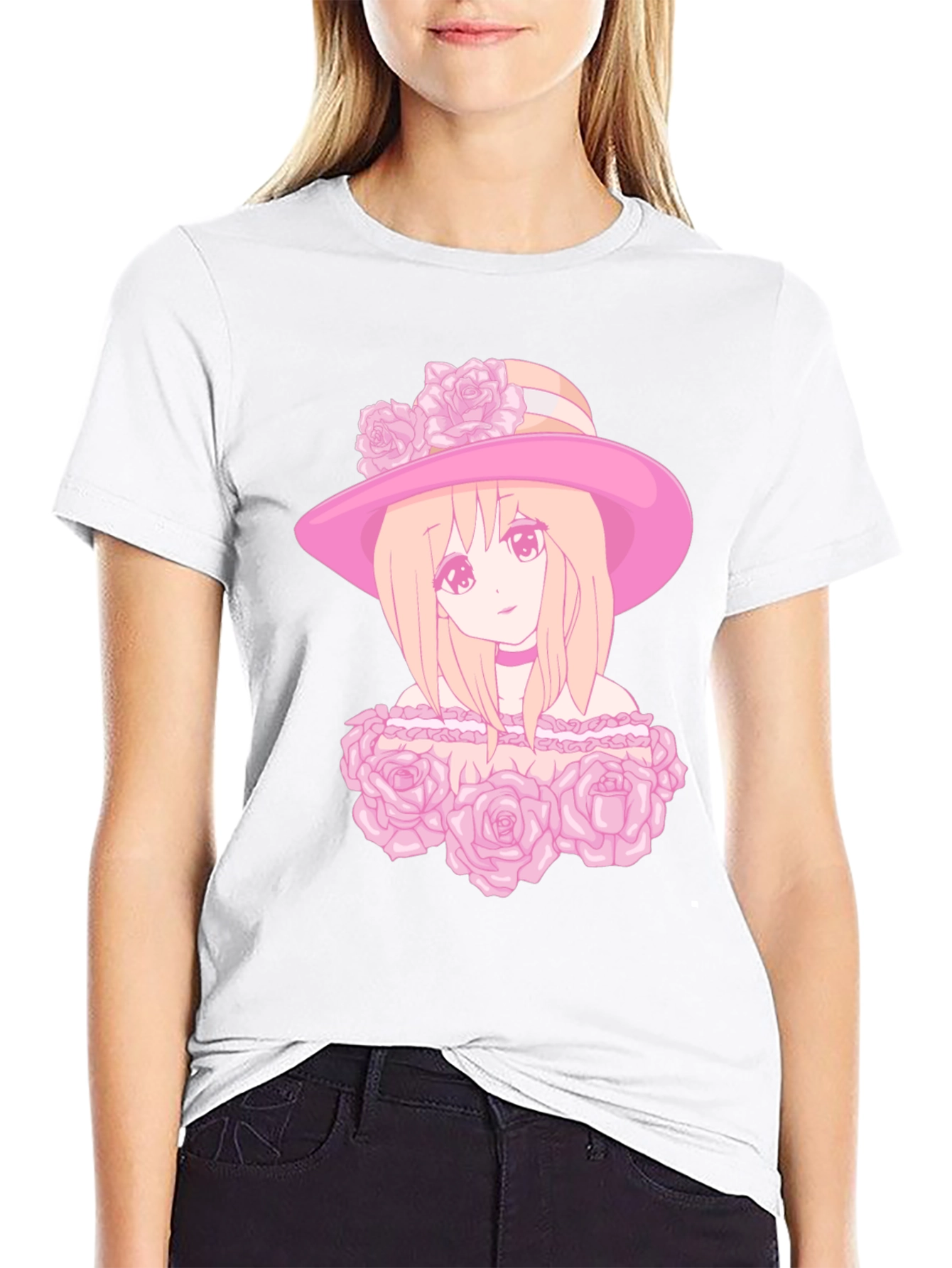 Anime Girl Rose Hat Graphic Tee