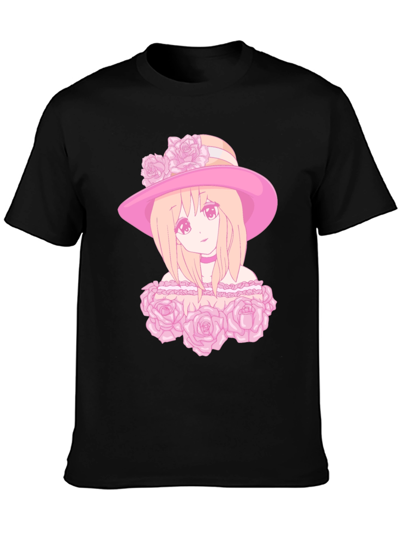 Anime Girl Rose Hat Graphic Tee