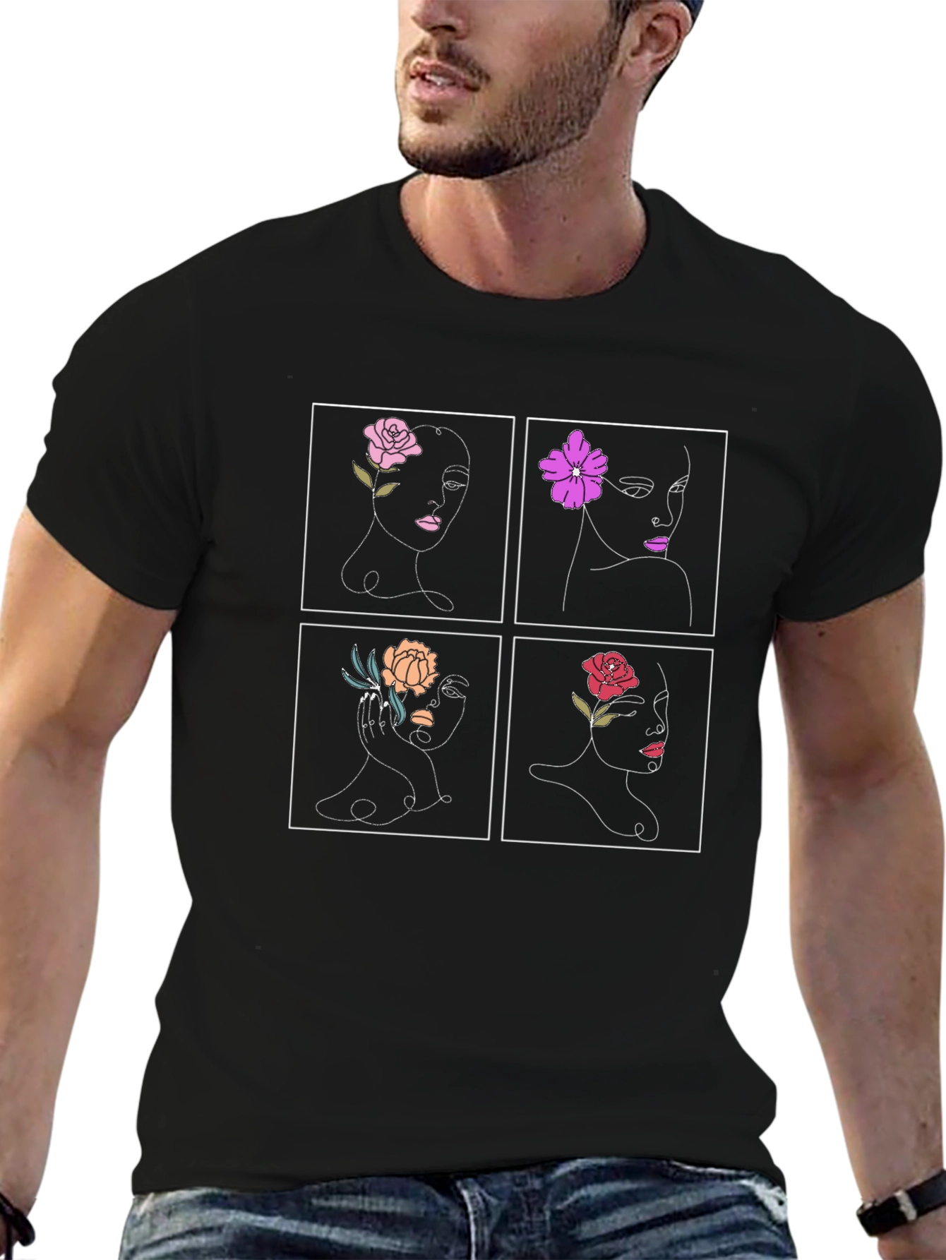 Floral Face Art Black Graphic Tee