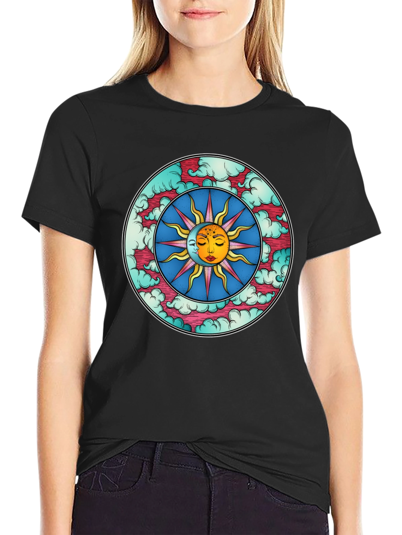 Celestial Sun & Moon Graphic Tee - Black