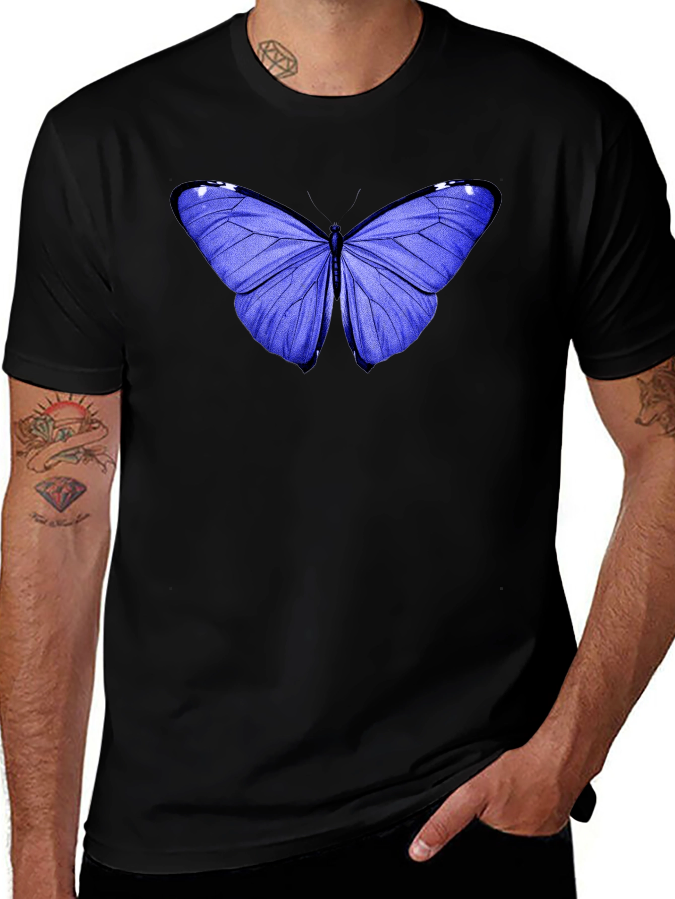 Blue Butterfly Graphic Tee - Black Cotton Casual T-Shirt