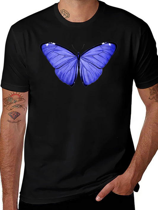 Blue Butterfly Graphic Tee - Black Cotton Casual T-Shirt