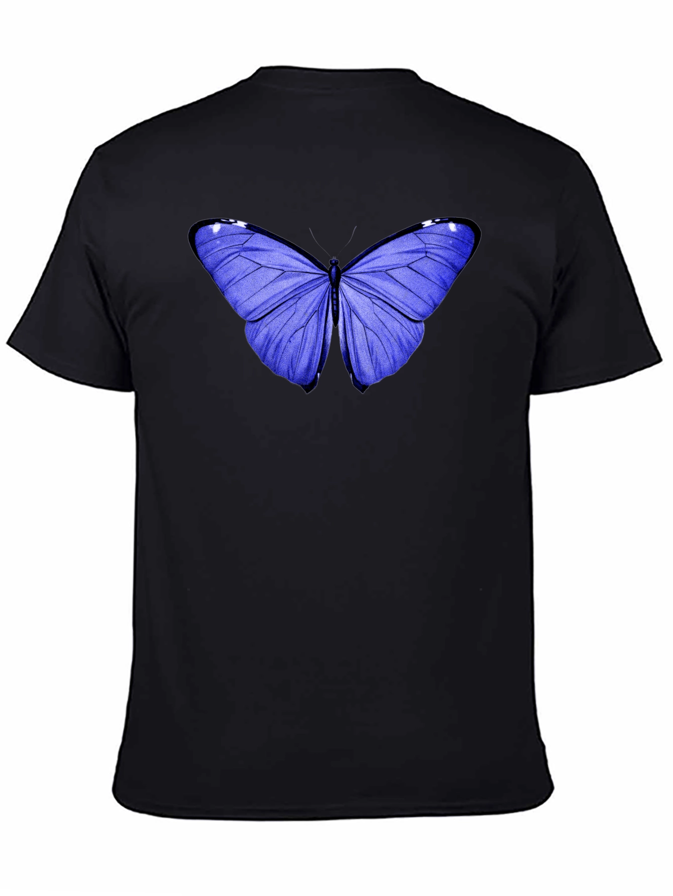 Blue Butterfly Graphic Tee - Black Cotton Casual T-Shirt