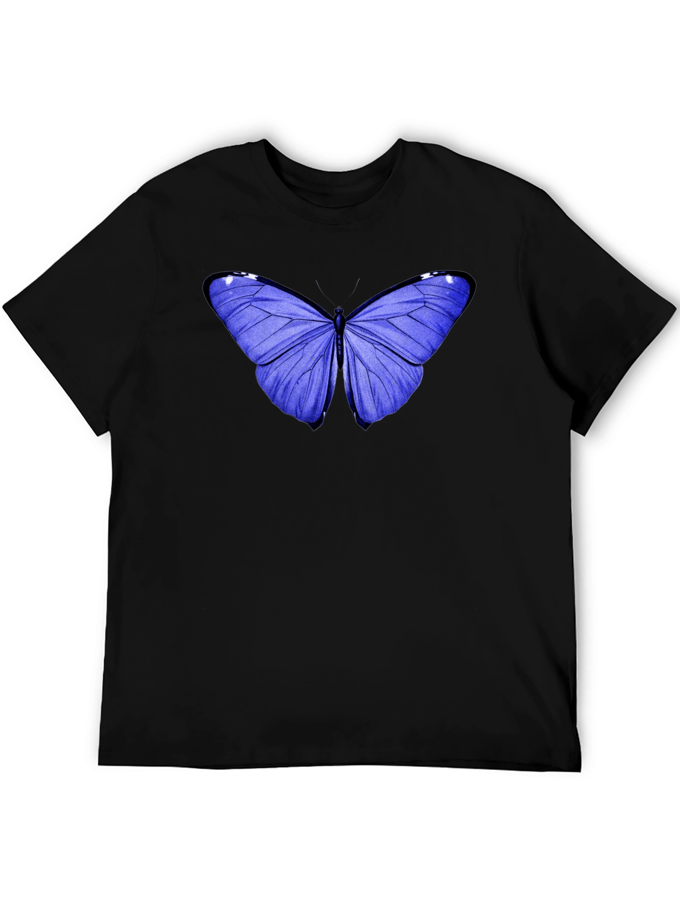 Blue Butterfly Graphic Tee - Black Cotton Casual T-Shirt