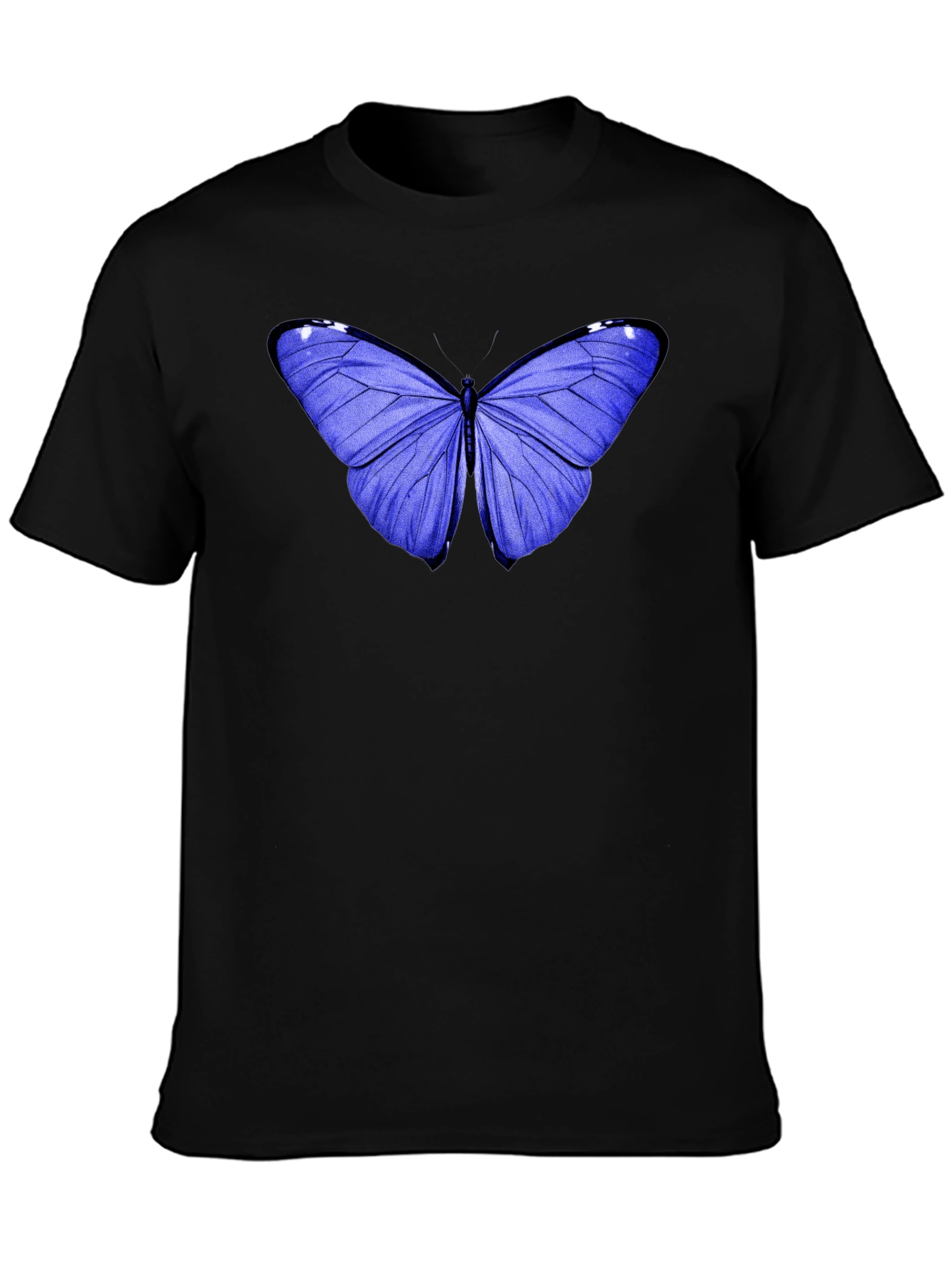 Blue Butterfly Graphic Tee - Black Cotton Casual T-Shirt