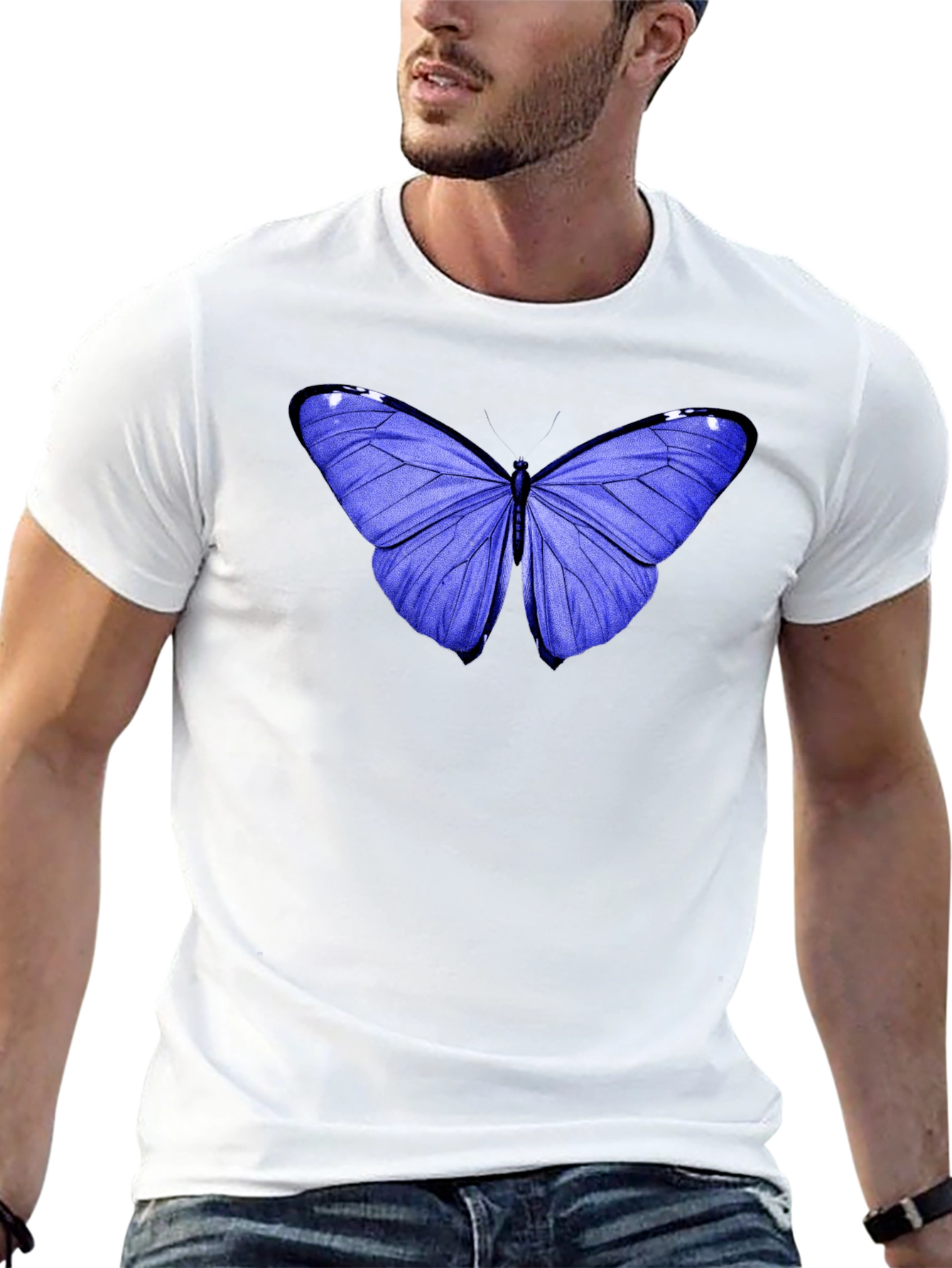 Blue Butterfly Graphic Tee - Black Cotton Casual T-Shirt