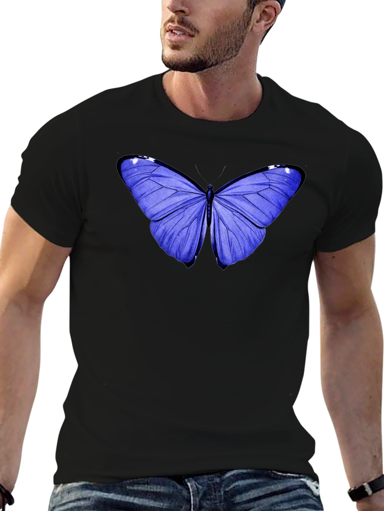 Blue Butterfly Graphic Tee - Black Cotton Casual T-Shirt