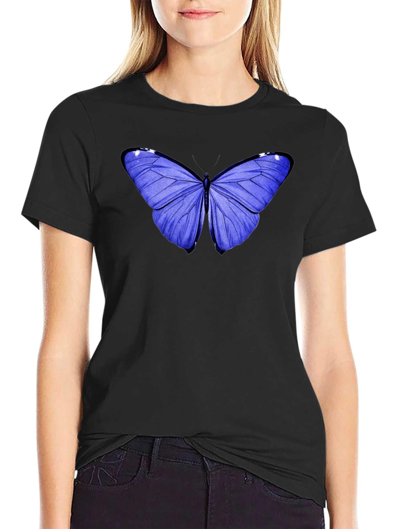 Blue Butterfly Graphic Tee - Black Cotton Casual T-Shirt