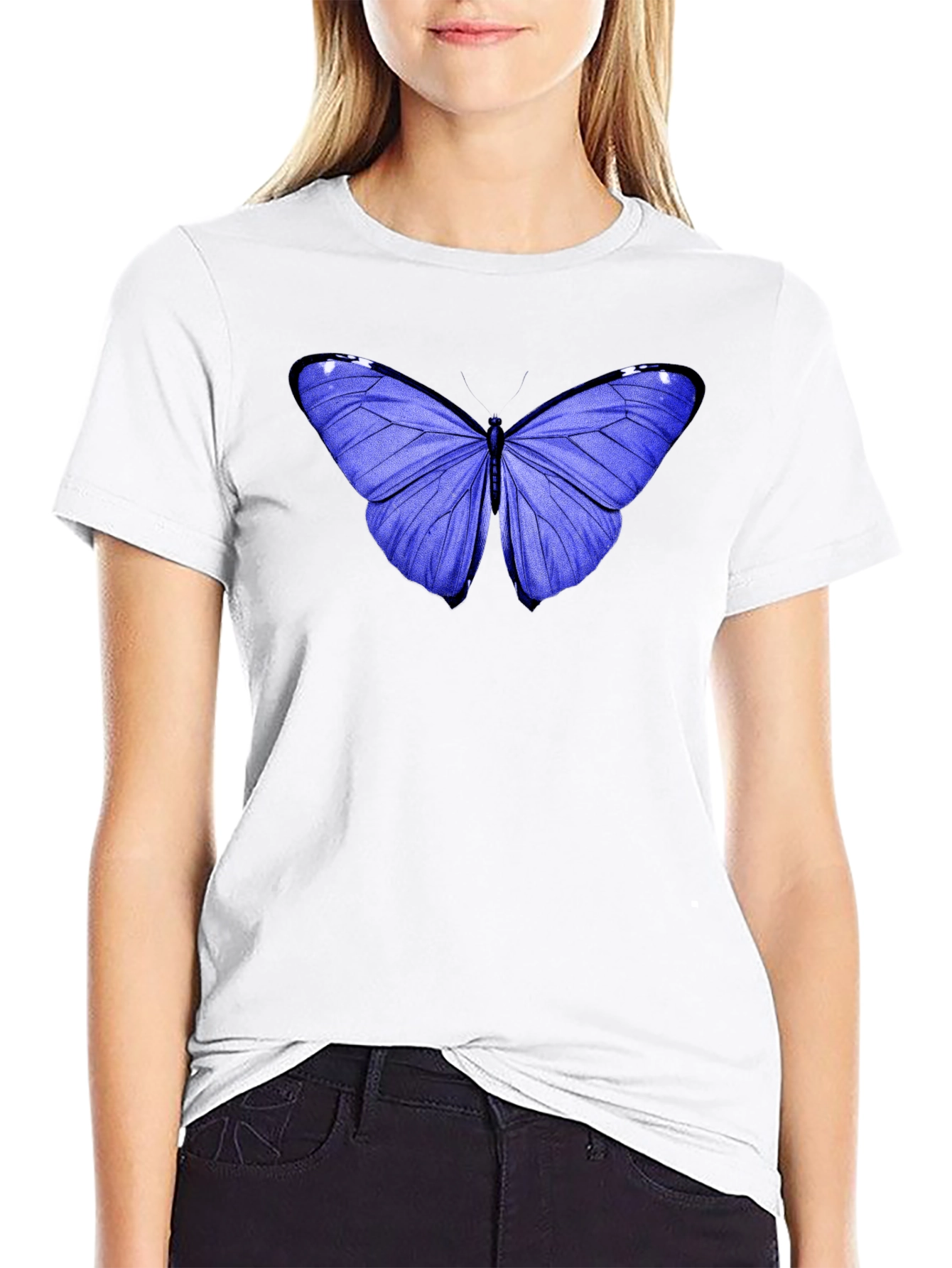 Blue Butterfly Graphic Tee - Black Cotton Casual T-Shirt