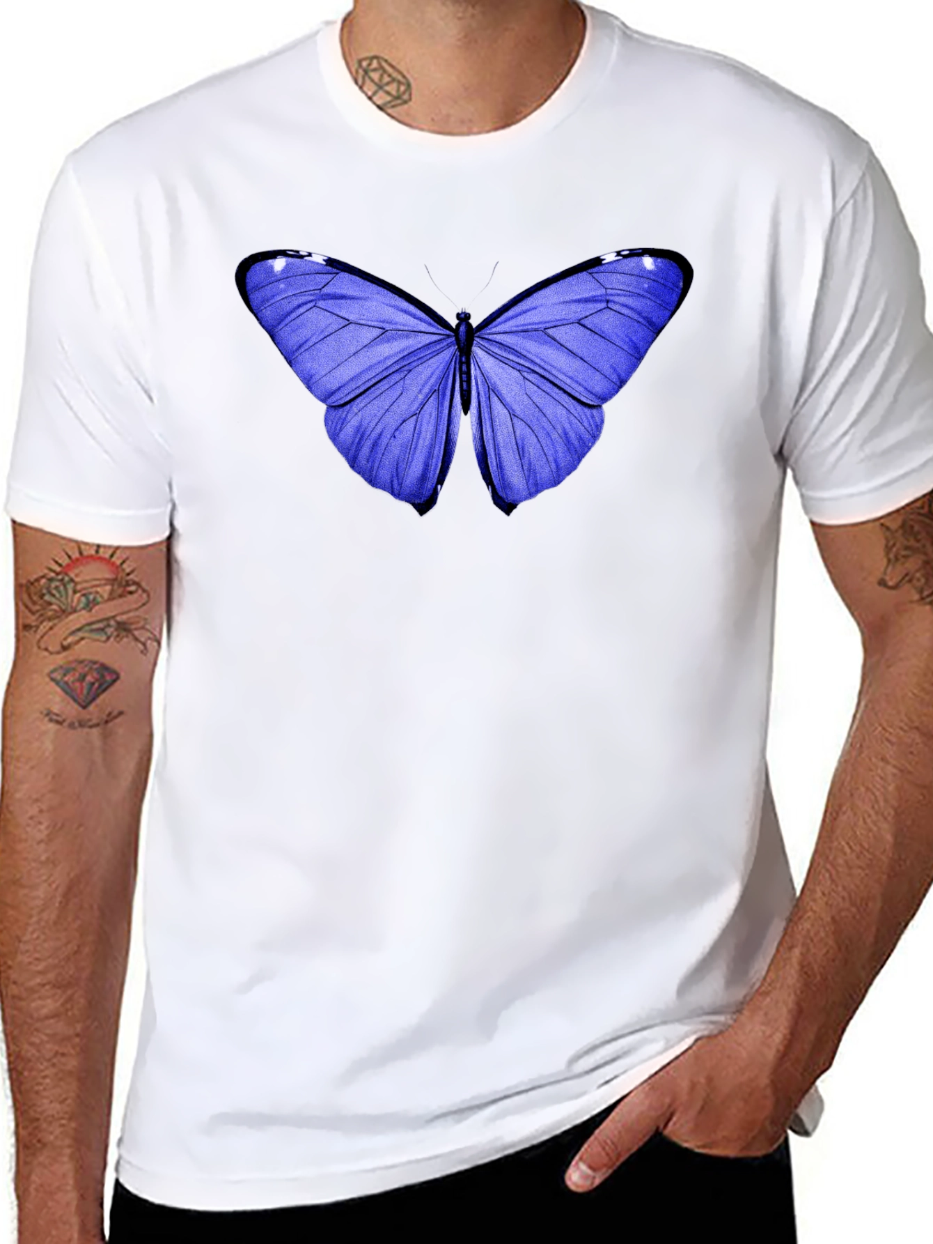 Blue Butterfly Graphic Tee - Black Cotton Casual T-Shirt