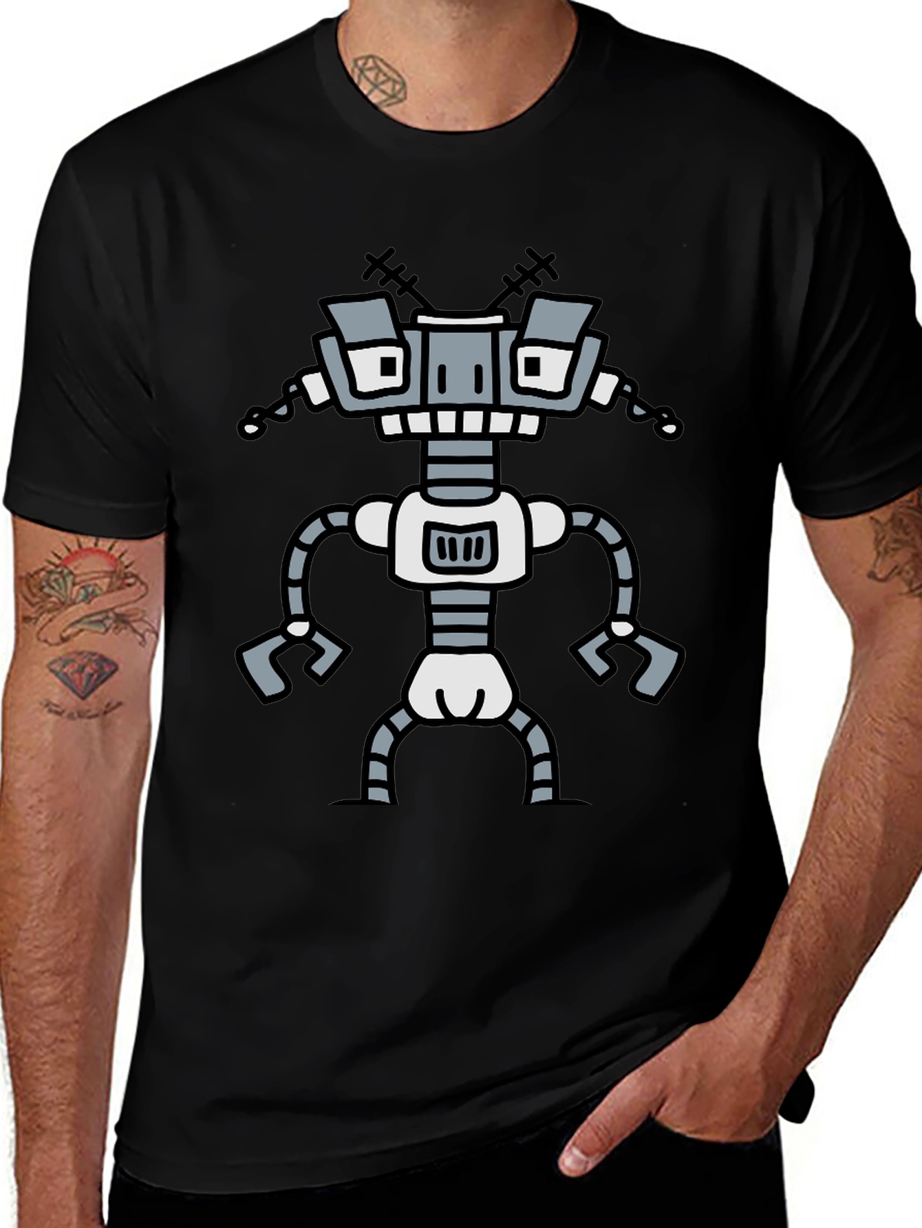 Fun Robot Graphic T-Shirt - Black Cotton Tee