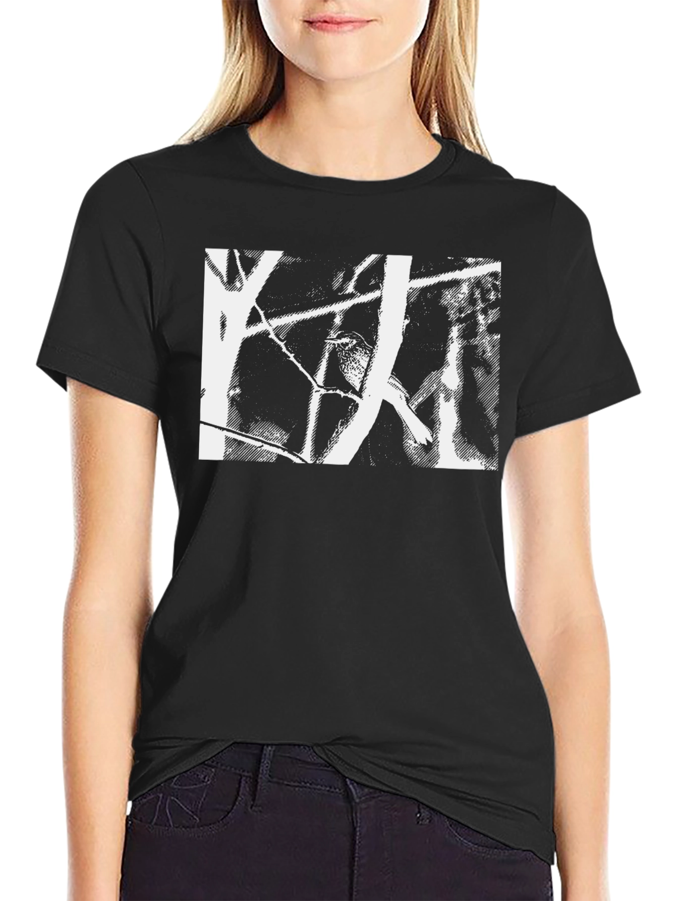 Abstract Bird Print Black T-Shirt