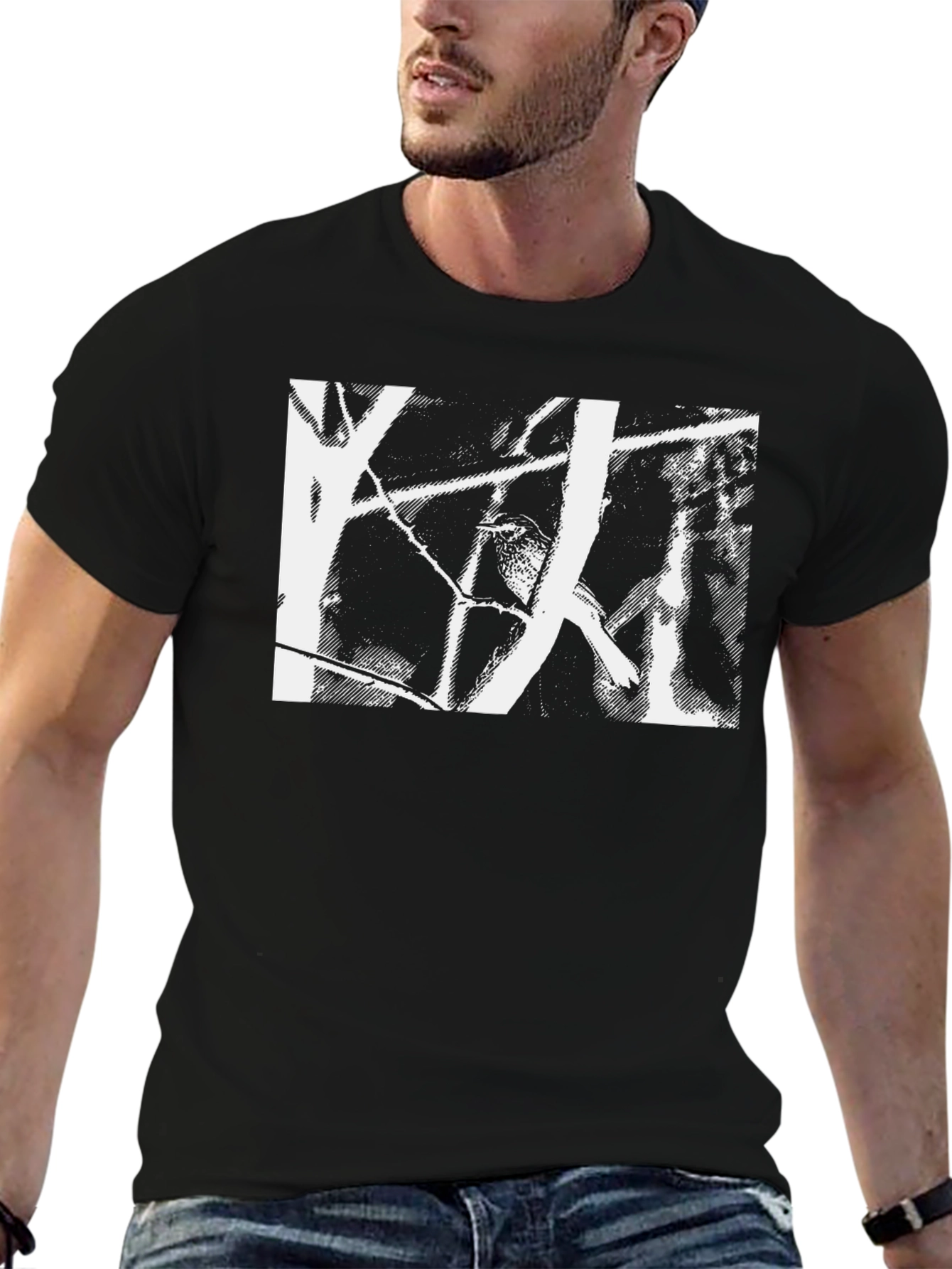 Abstract Bird Print Black T-Shirt