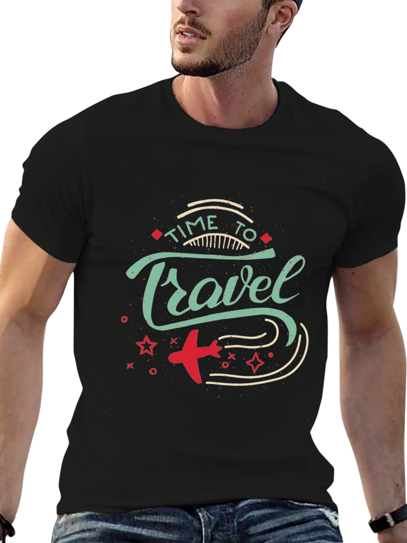 Time to Travel Graphic Print Black T-Shirt
