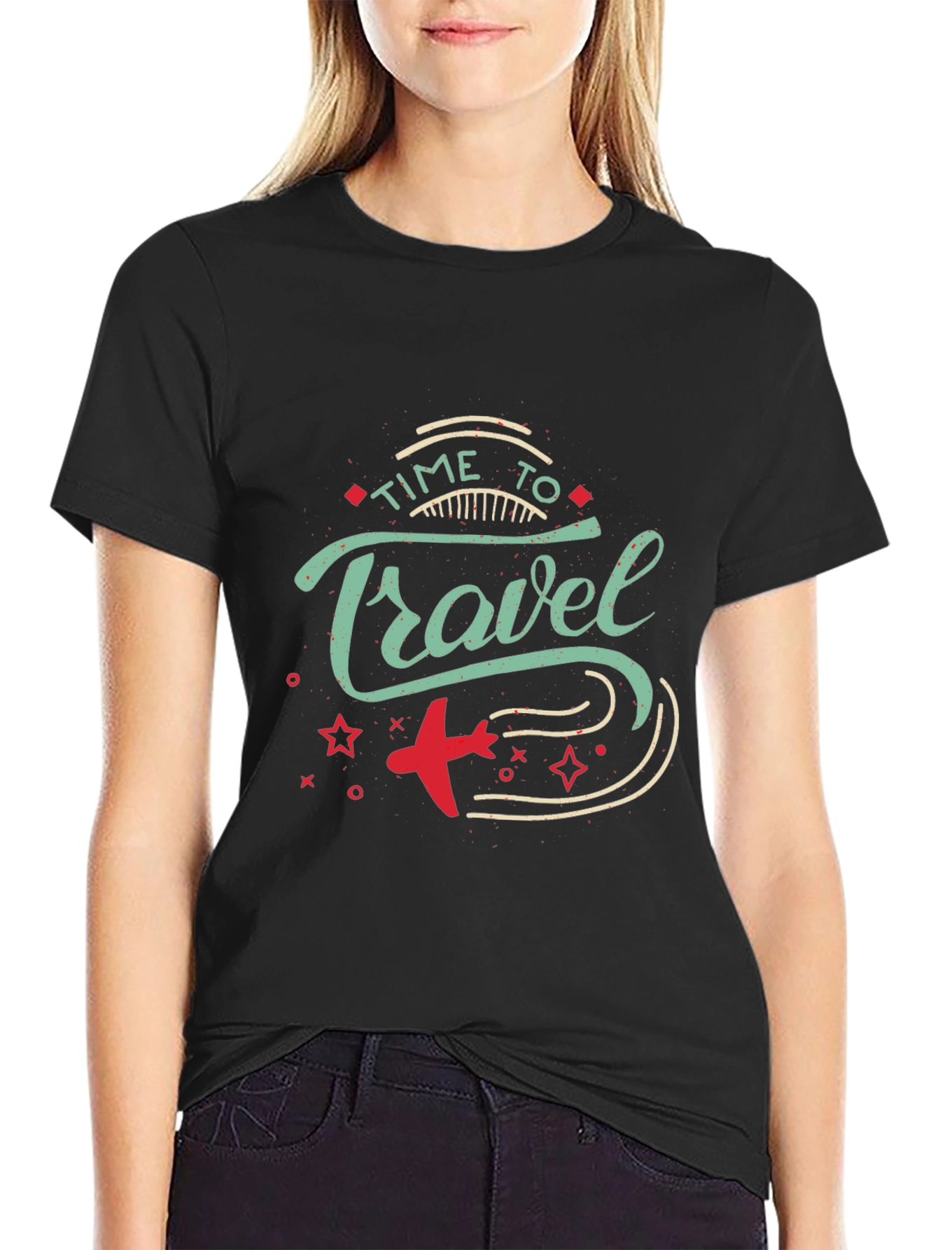 Time to Travel Graphic Print Black T-Shirt