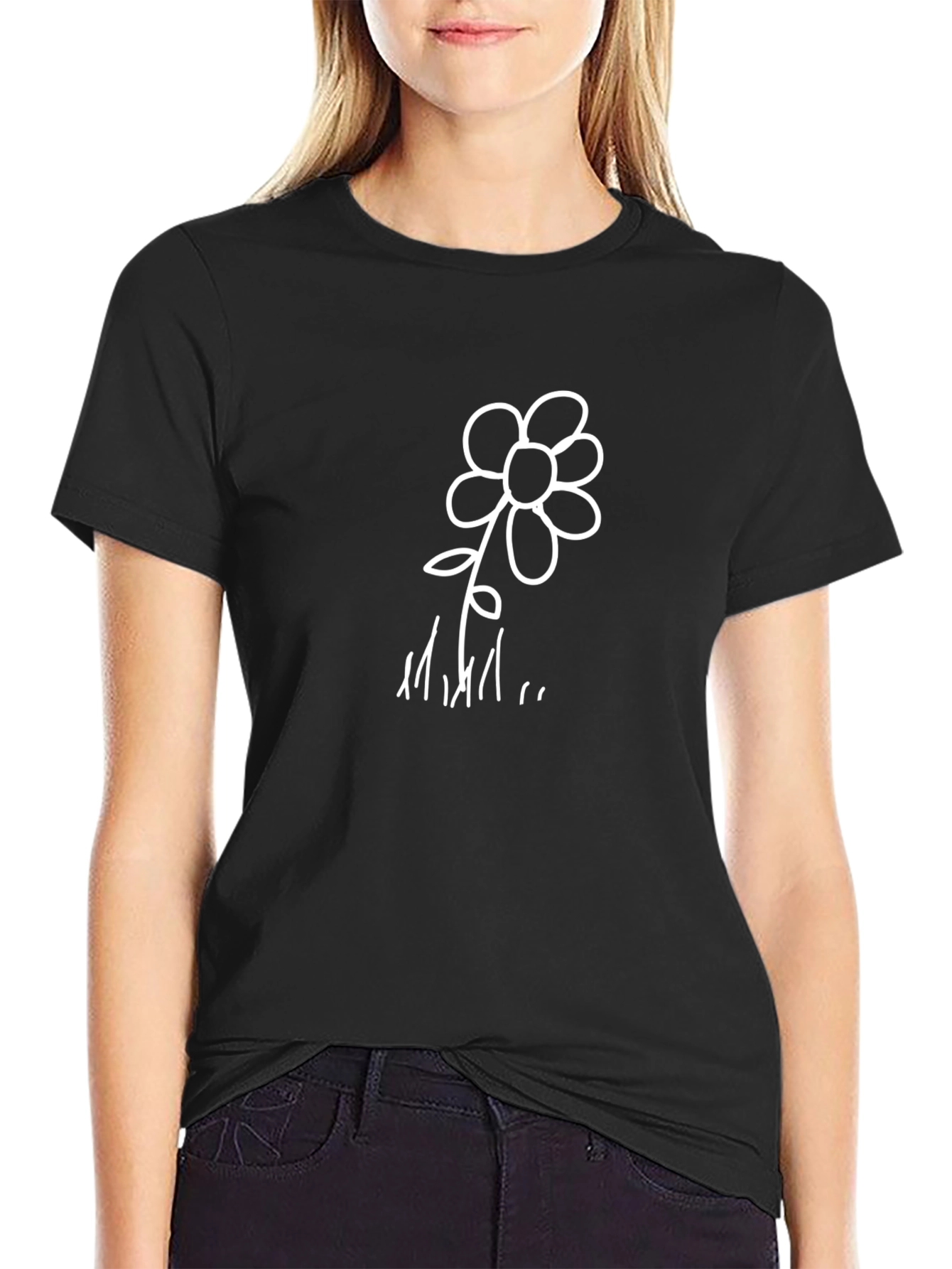 Minimalist Flower Graphic Tee - Black