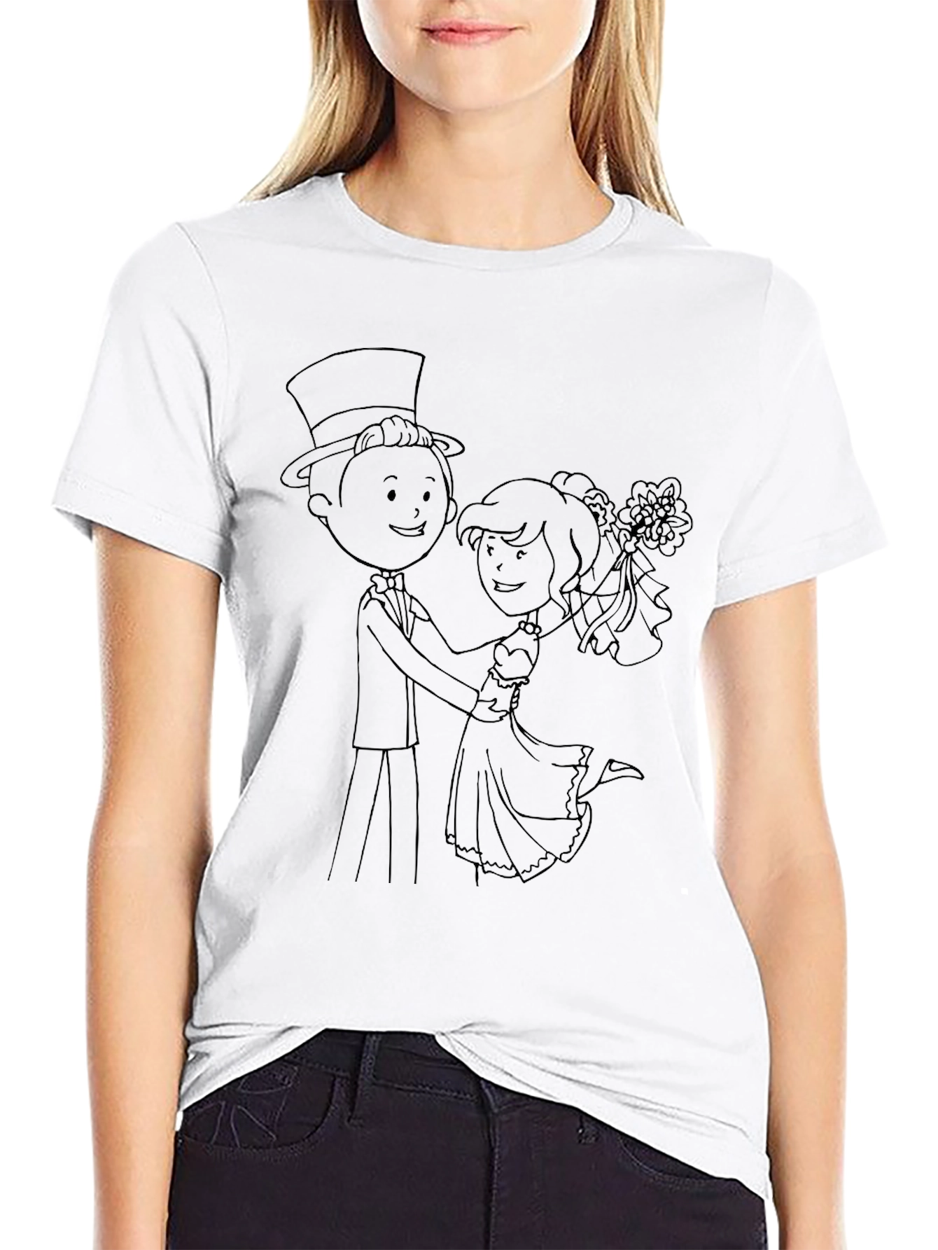 Cartoon Wedding Couple Black T-Shirt