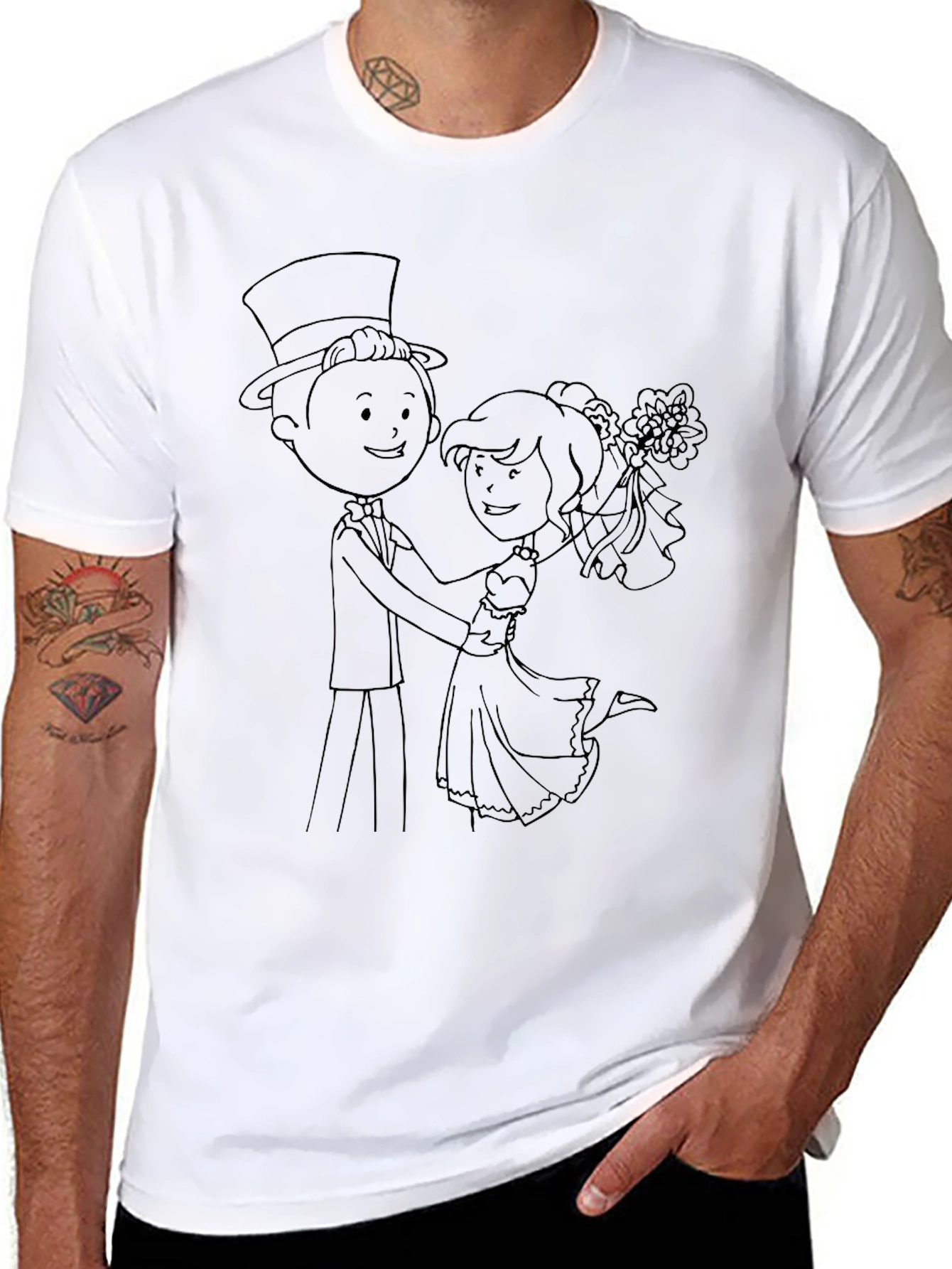 Cartoon Wedding Couple Black T-Shirt