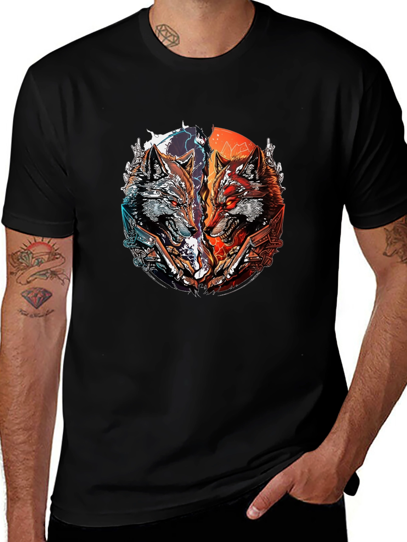 Two Wolves Graphic Print Black T-Shirt