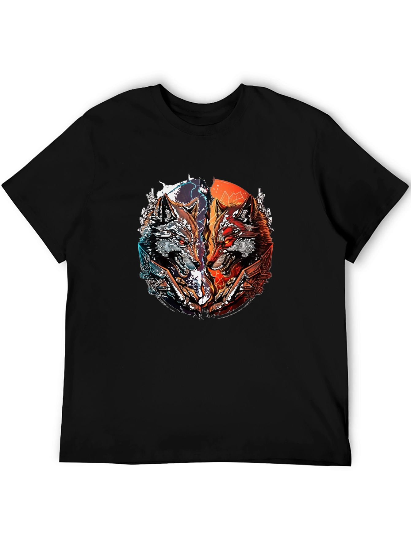 Two Wolves Graphic Print Black T-Shirt