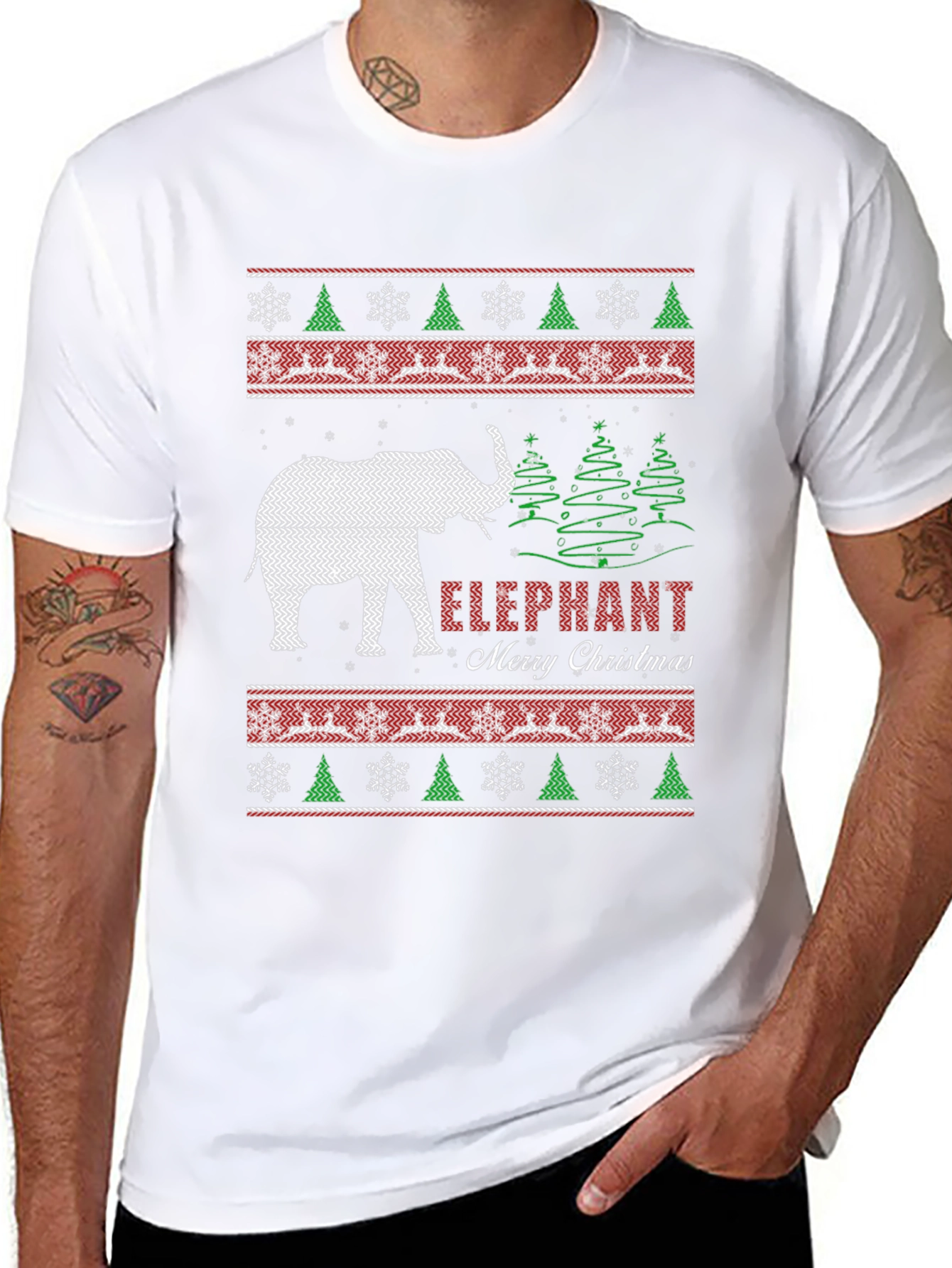 Elephant Merry Christmas Holiday Knit Pattern T-Shirt