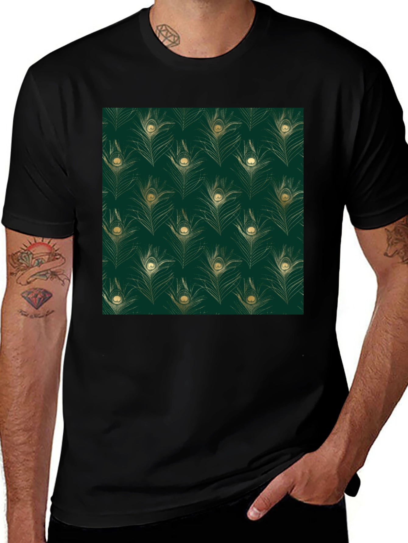 Elegant Peacock Feather Print Black T-Shirt